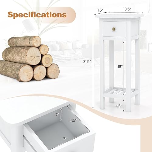 Miniatura 12 de Tangkula Mesa auxiliar estrecha, mesa auxiliar pequeña para espacios pequeños, mesita de noche delgada de madera de acacia de granja con cajón y