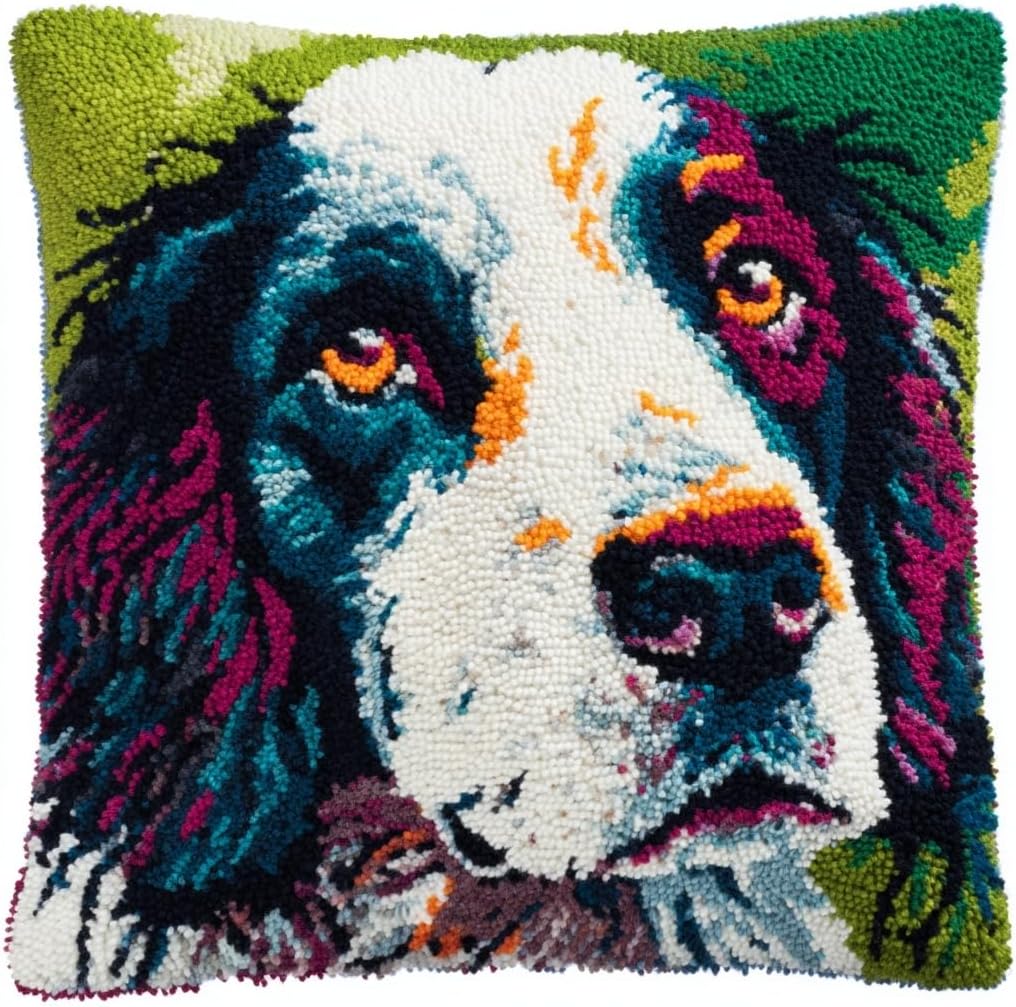 DIY Latch Hook Pillow Kit Colorful Cute English Setter Dog Face 43x43cm-2