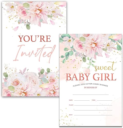 Miniatura 2 de YIDOU Invitaciones de fiesta de baby shower con diseño floral rosa para baby shower, 20 invitaciones y sobres (doble cara)