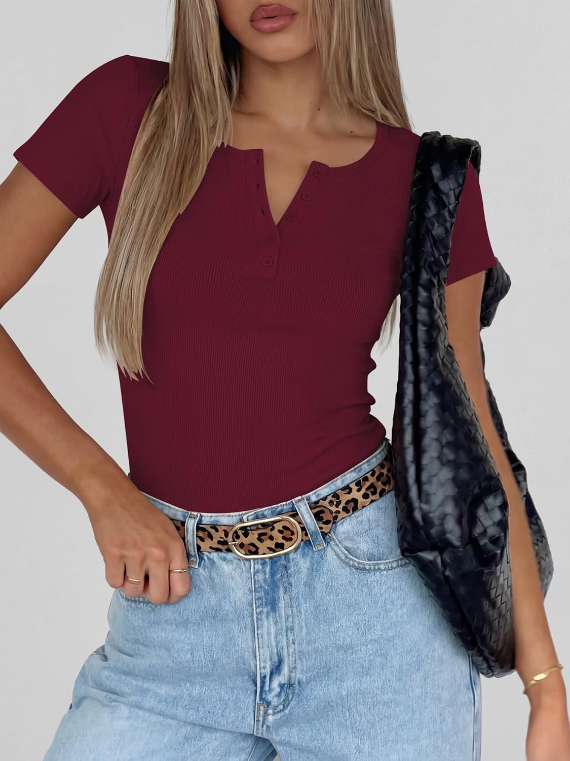 ANRABESS Womens Tops Short Sleeve Henley Shirts 2026 Summer Ribbed Slim Fit Basic Casual Tee Blouse Trendy Spring Clothing - Image 3