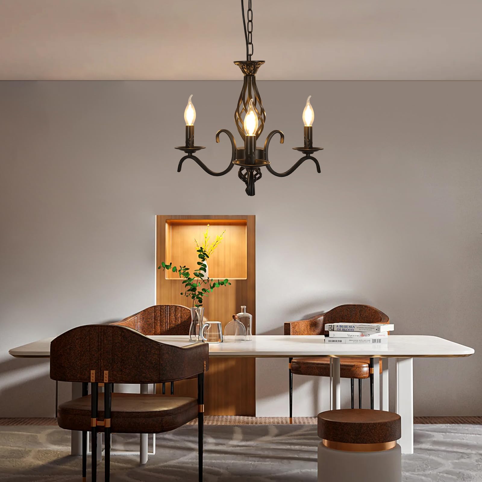 Comely Kronleuchter im Rustikalen Stil, Vintage Pendelleuchte aus Metall Höhenverstellbar, 3-Flammig Deckenlampe Schwarz für Esszimmer Wohnzimmer Schlafzimmer, E14-Fassung