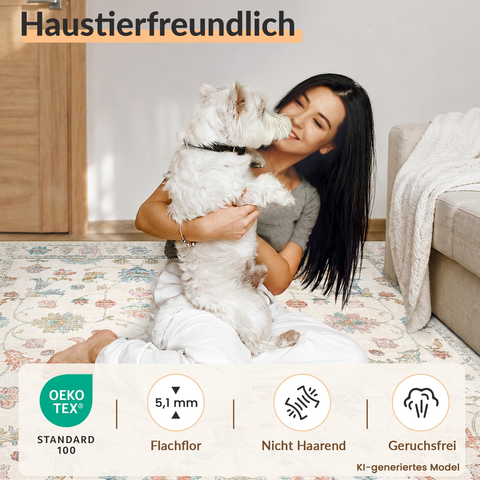 INOVADAY Waschbarer Teppich Boho 200x300 cm Cremeweiß Wohnzimmer Teppich | Schlafzimmer, Küche, Vintage, Eingangshalle, Esszimmer, Diele, Kurzflor, Rutschfest, Flur, Druckmuster, Weich, Pflegeleicht