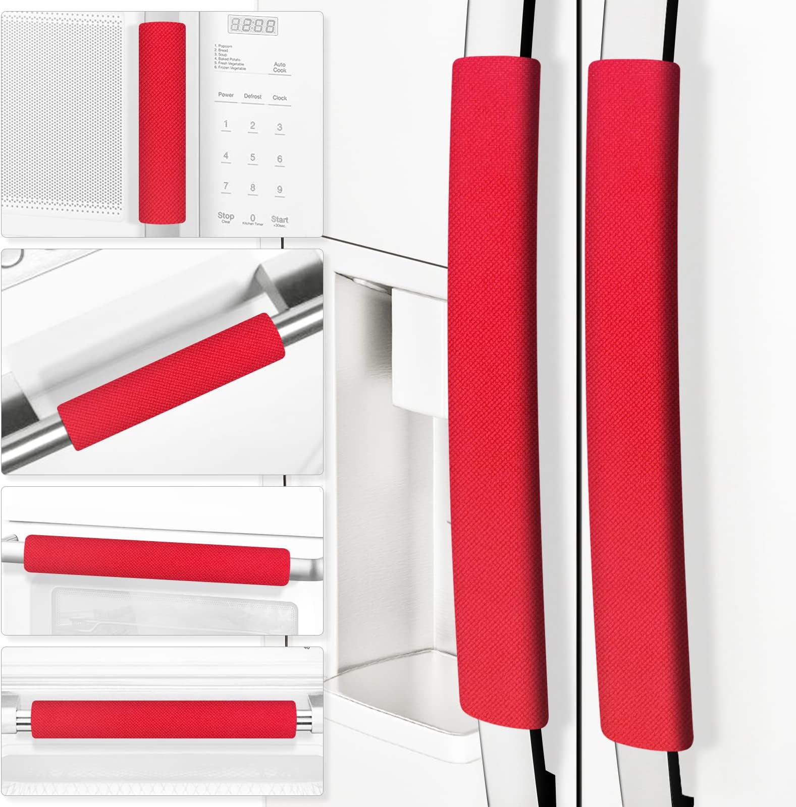 Refrigerator Door Handle Covers, Set of 6, Trimmable, Washable, Appliance Handle Covers, Fridge Door Handle Protector, Get Rid of Dirty Handprints. Timesaver, Kitchen Decor Accessories (Red)