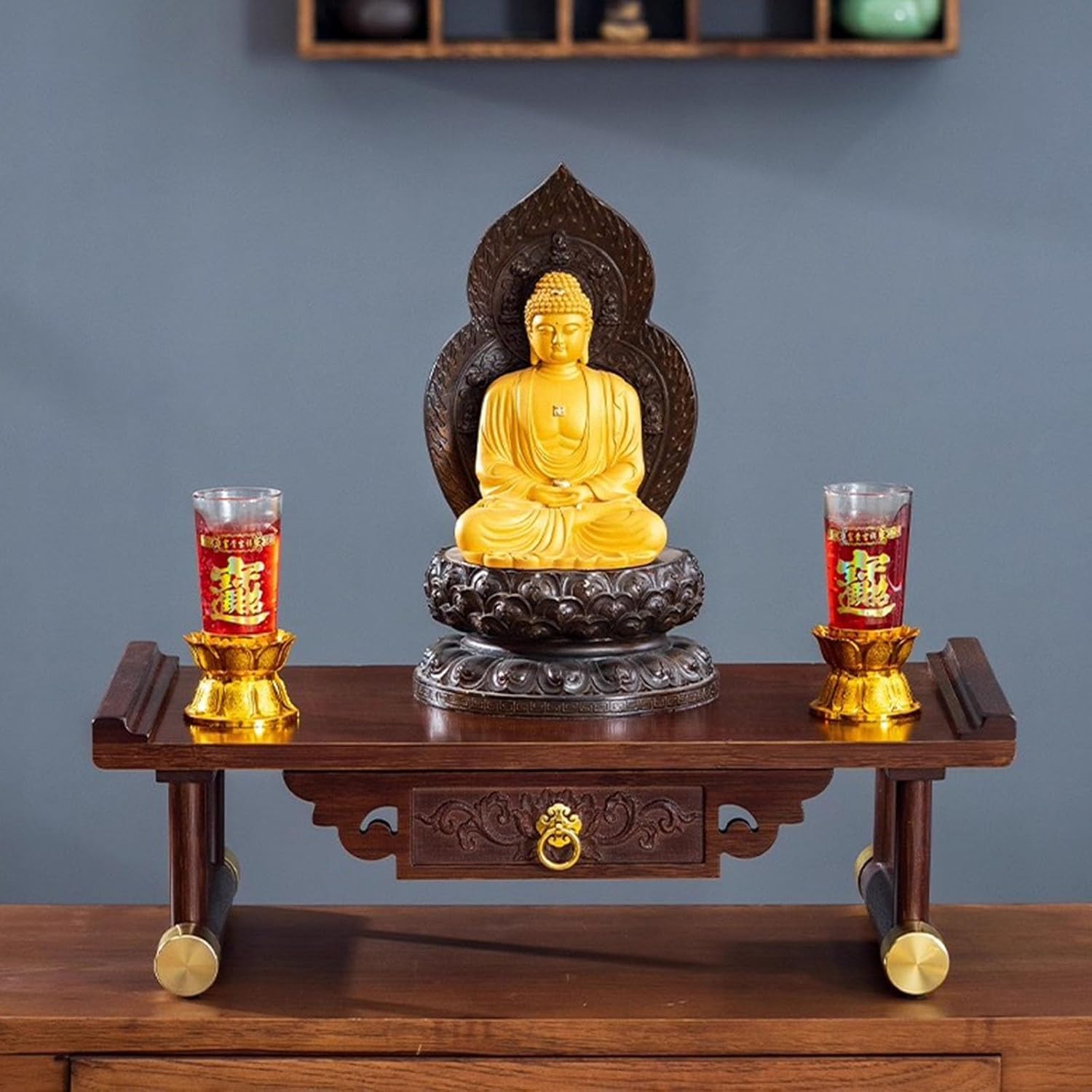 Solid Wood Personal Altar Table, Meditation Table with Storage, Carved Buddhist Altar,Copper Meditation Tables,Buddhist Offering Tables for Small Spaces(40cm/15.8in)