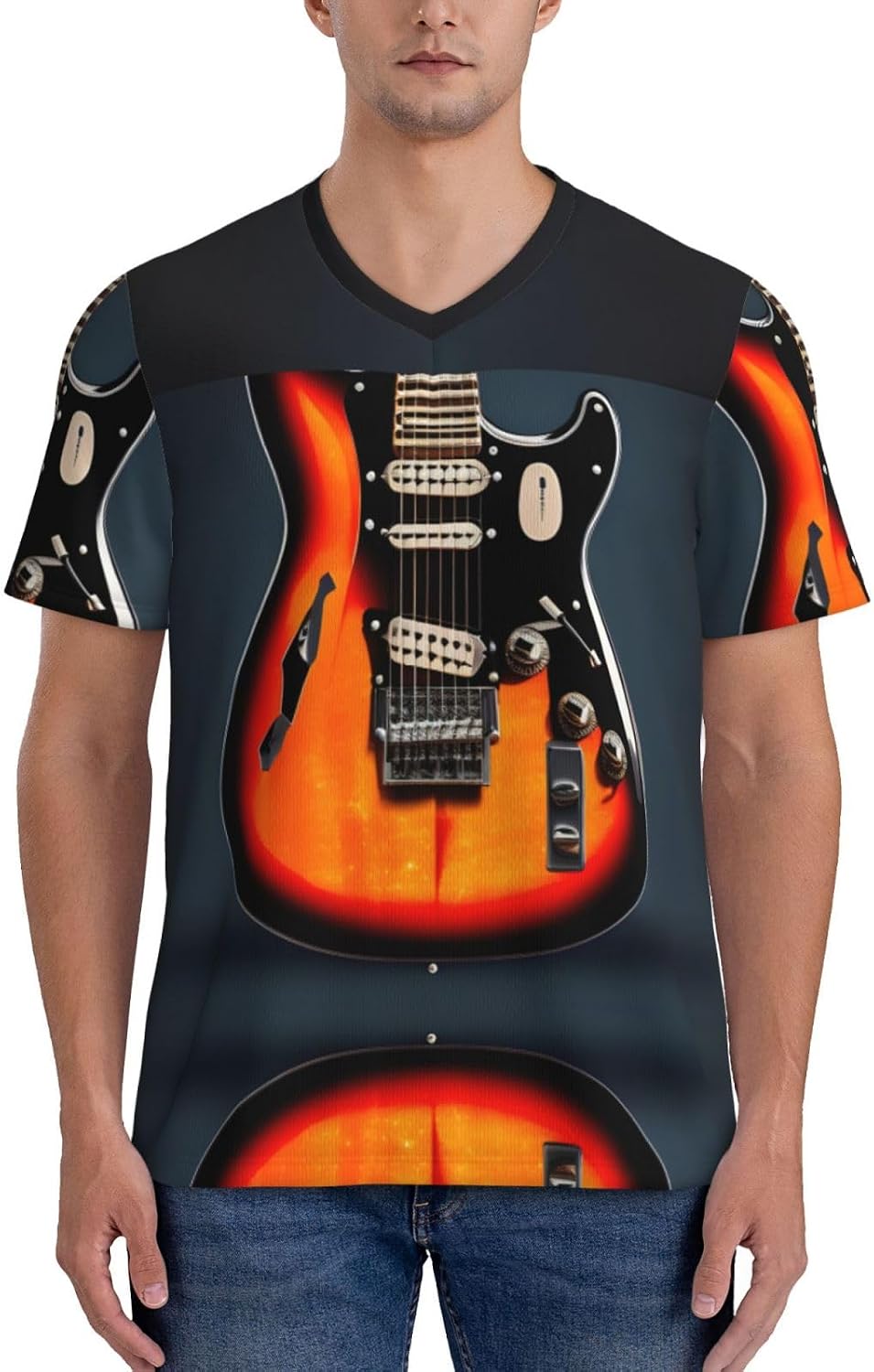 Orange Electric Guitars Rugby Football Jersey for Men, Comfortable V-Neck Loose Fit Top for Team Sports Athletics