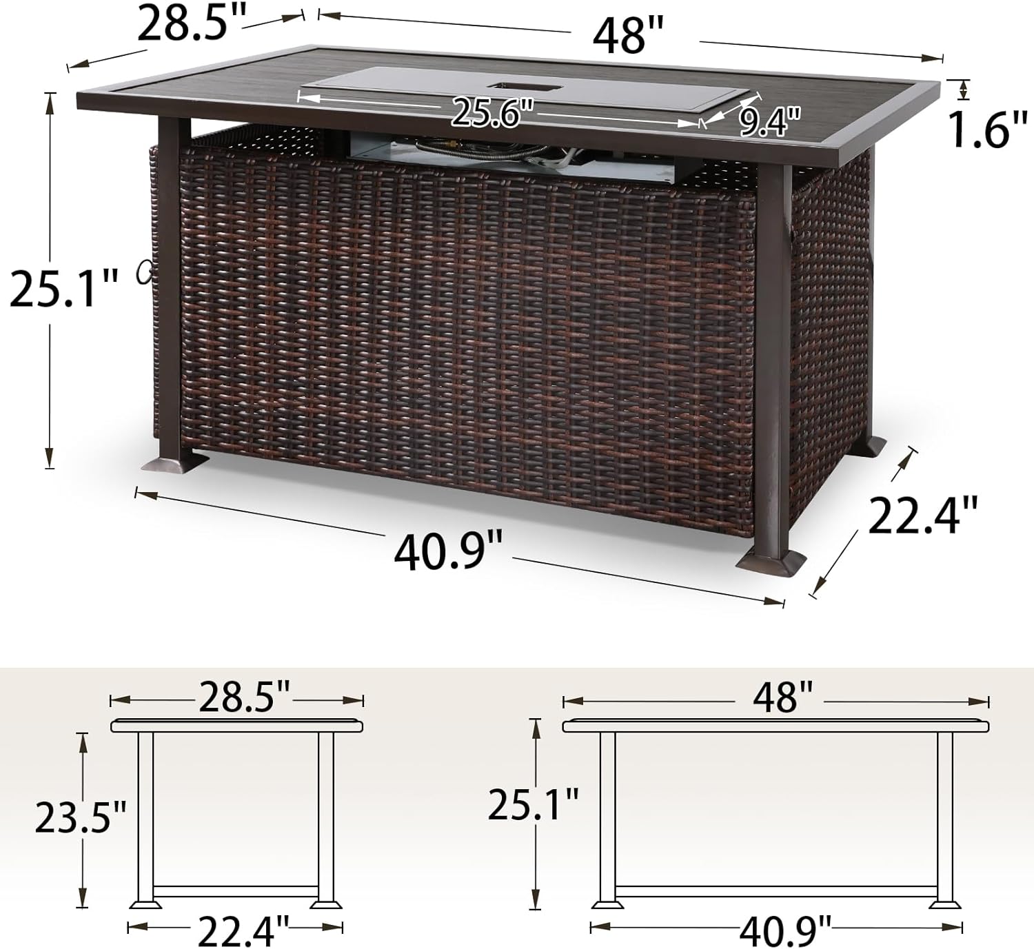 NOBLEMOOD Outdoor Fire Pit Table with Propane Tank Holder, 48 Inches Rattan Patio Fire Pit Table with Fire Glass Beads, CSA Approved 50,000 BTU Rectangle Fire Pit Table with Lid, Dust Cover