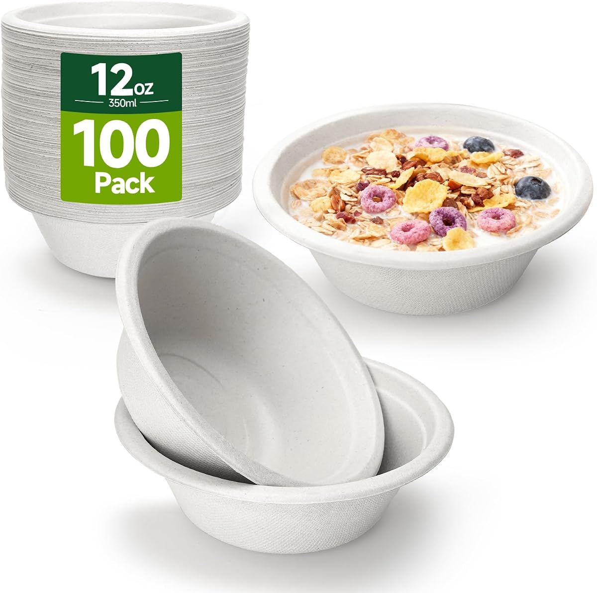 100 Pack 12oz Paper Bowls White Disposable - Compostable & Biodegradable | Heavy Duty, Sugarcane Fiber Bowls, Leakproof, Microwave Safe, Oil Resistant, Eco-Friendly, Soup/Salads/Pasta/Ice Cream