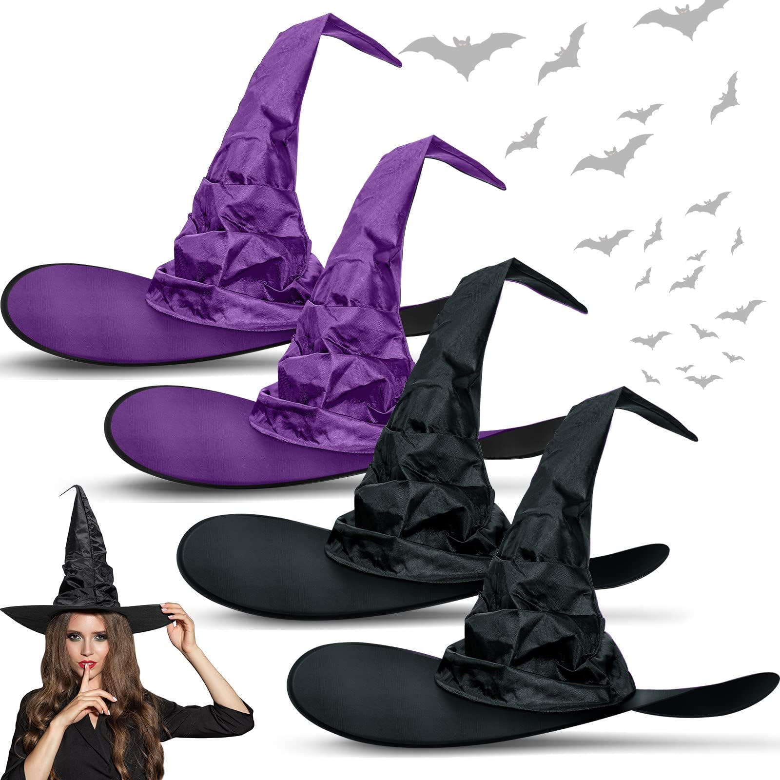 Jerify 4 Pieces Halloween Ruched Witch Hat 17.7x17.7 Inch Crooked Witch Hat Purple Wizard Hat Witch Costume for Women Men Halloween Party Decor Cosplay Accessories
