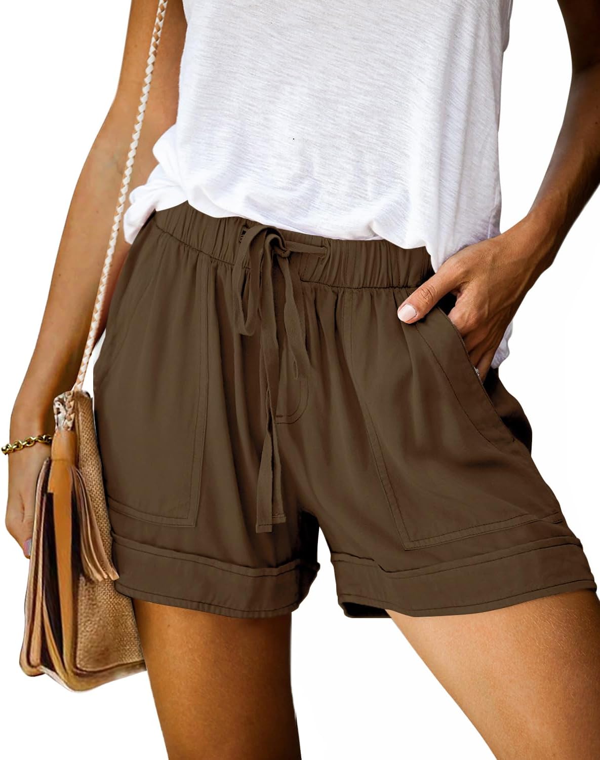 ONLYSHE Womens Casual Drawstring Shorts Summer Elastic Waist Shorts Pocketed Pants