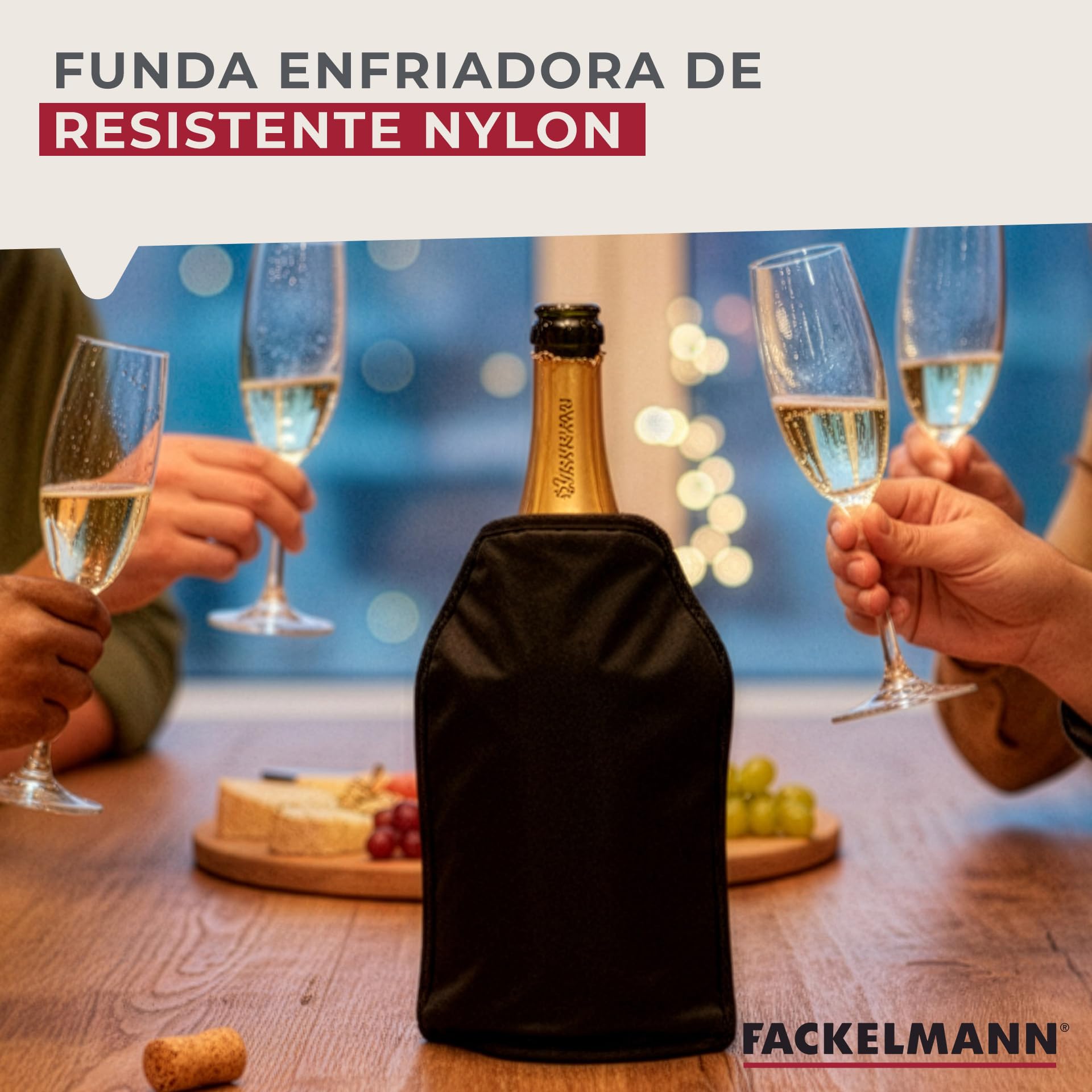 Fackelmann Funda Enfriadora para Botellas, Collar Enfriador para Botellas de Vino y Cava, Nylon Elástico con Ajuste Universal y Relleno de Gel Enfriador, Apta para Congelador, 22x16 cm, Negro, 1 ud.