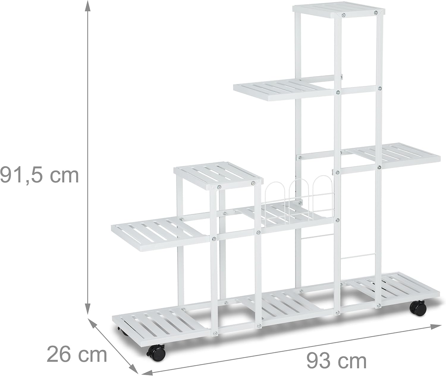 Relaxdays Flower Stand on Wheels, HxWxD: 91.5 x 93 x 26 cm, Metal, 9 Tiered Shelves, Indoor Plant Pot Display, White, Steel