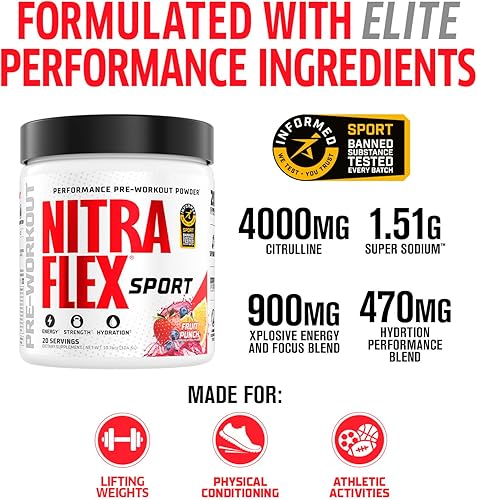 Miniatura 2 de Nitraflex Sport Fruit Punch - Polvo de pre-entrenamiento, probado con sustancias prohibidas, certificado Informed Choice, 20 porciones (20