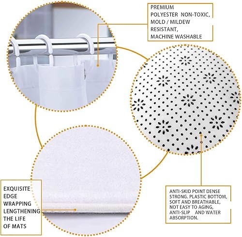 Miniatura 8 de Juego de cortina de baño floral de poliéster a prueba de agua con 12 ganchos, tapetes antideslizantes y cubierta de tapa de sanitario