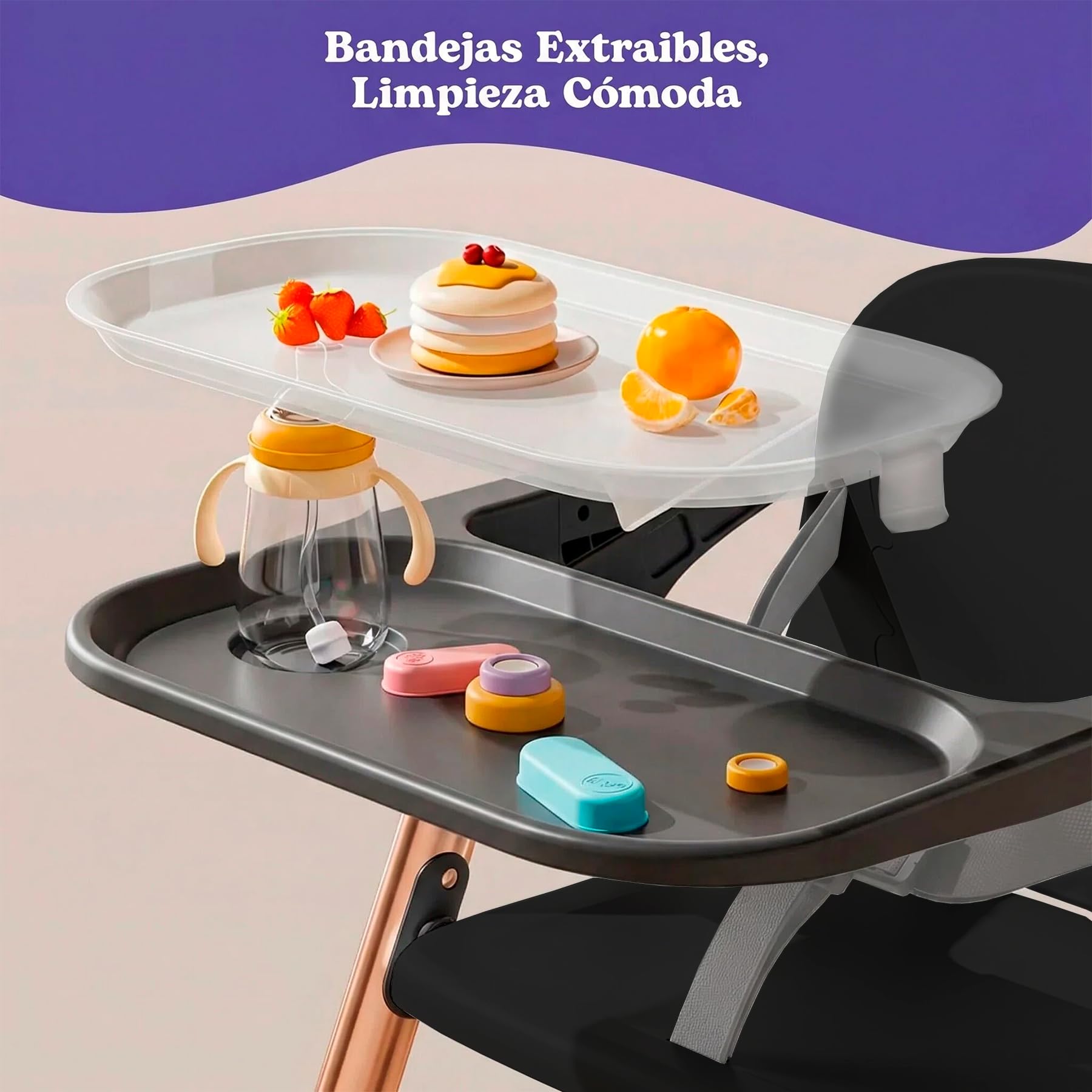 Chaise Haute Bébé Pliable Compacte 2 en 1, Rehausseur Bébé Portable avec Sangles, 4 Hauteurs Réglables, Plateau Amovible, Gain de Place, Sac de Transport, 6-36 Mois jusqu’à 15 kg (Noir Doré)