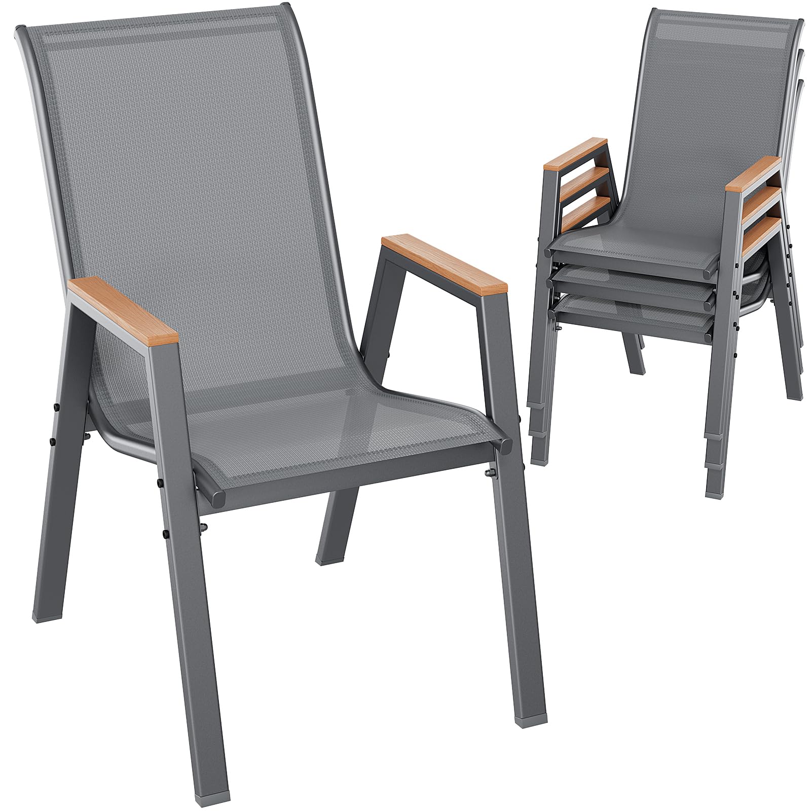 LIFERUN Gartenstühle stapelbar 4er Set Stapelstühle Hochlehner Terrassenstühle mit Armlehnen für Gärten, Innenhöfe, Balkone, Restaurants bis 150 kg Belastbar 54 x 73 x 90cm Grau