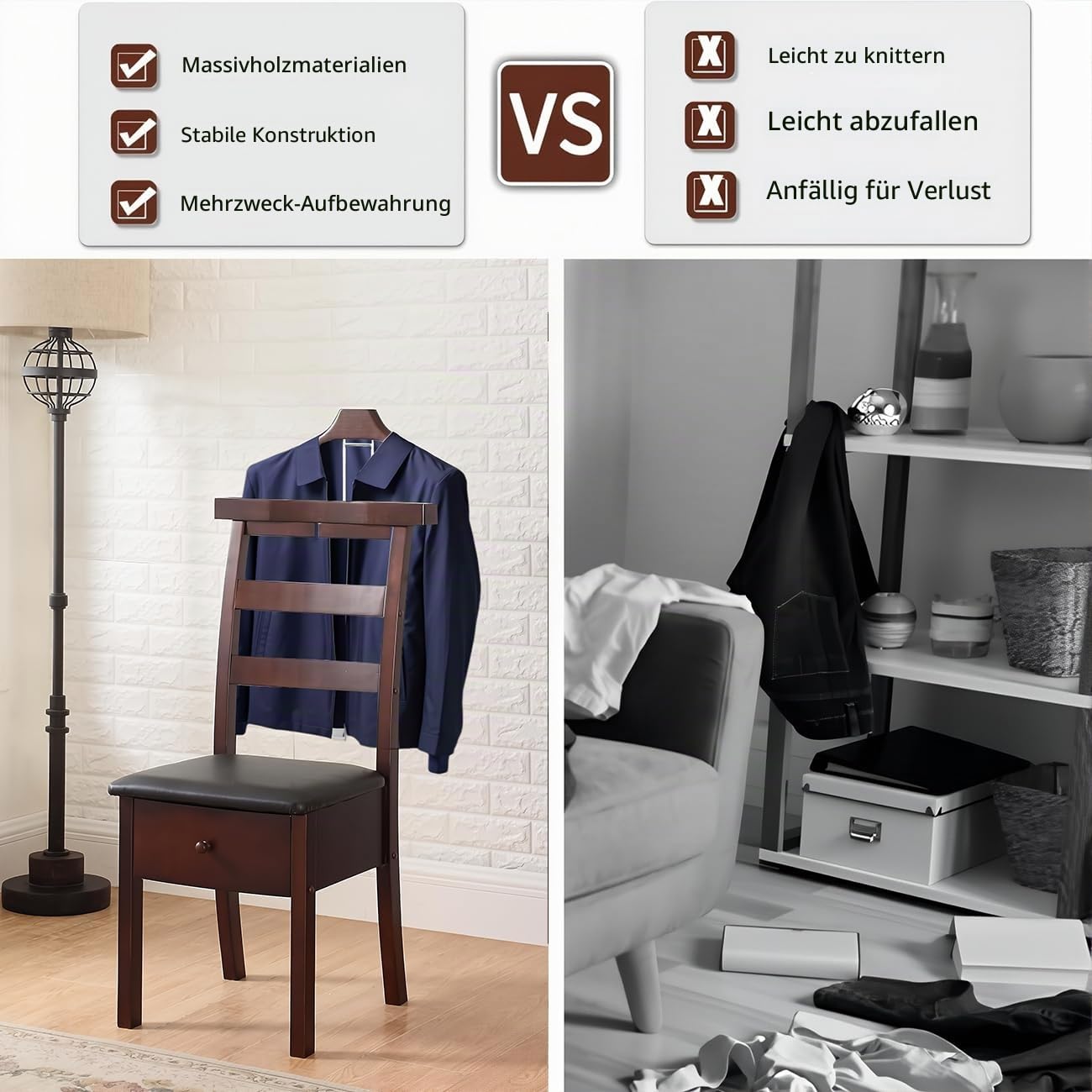 Natur Herrendiener mit Kleiderbügel Accessoire-Fach und Hosenbügeln Stuhl Valet aus Holz mit Schubladen Diener Kleiderständer faltenfreie Anzüge für Schlafzimmer Stummer Diener Damen Herren