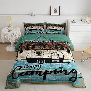 Happy Camping Bedding Sets Rustic Camper Comforter Set for Boys Kids Girls Microfiber Rv Camper Decor Bedding Vintage Farmhouse Style Comforter Bedroom Collection 3Pcs Queen Size