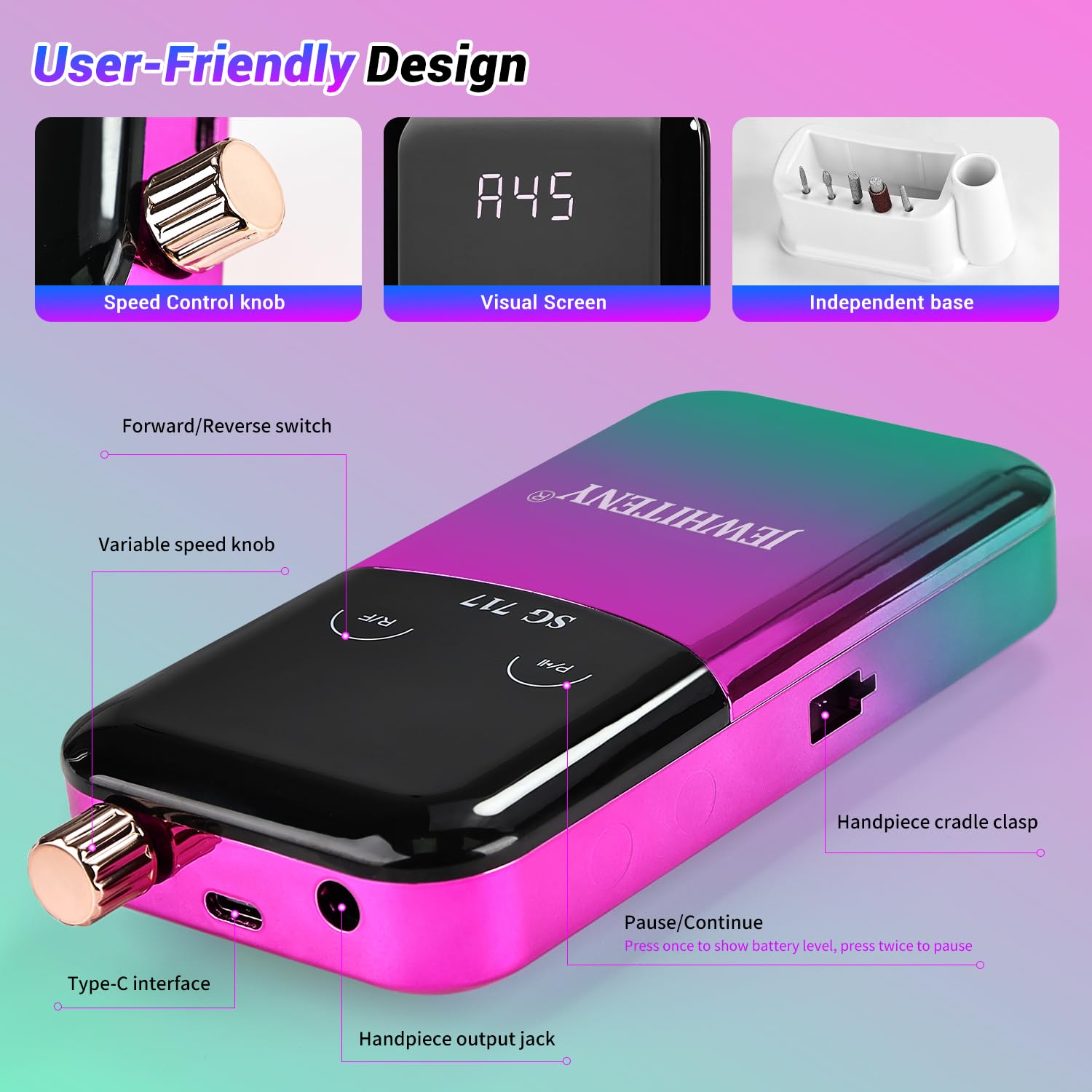 JEWHITENY Lime à ongles électrique portable SG717, 45 000 tr/min, professionnelle rechargeable, pour ongles en gel acrylique, pour enlever le vernis à ongles en gel (violet)