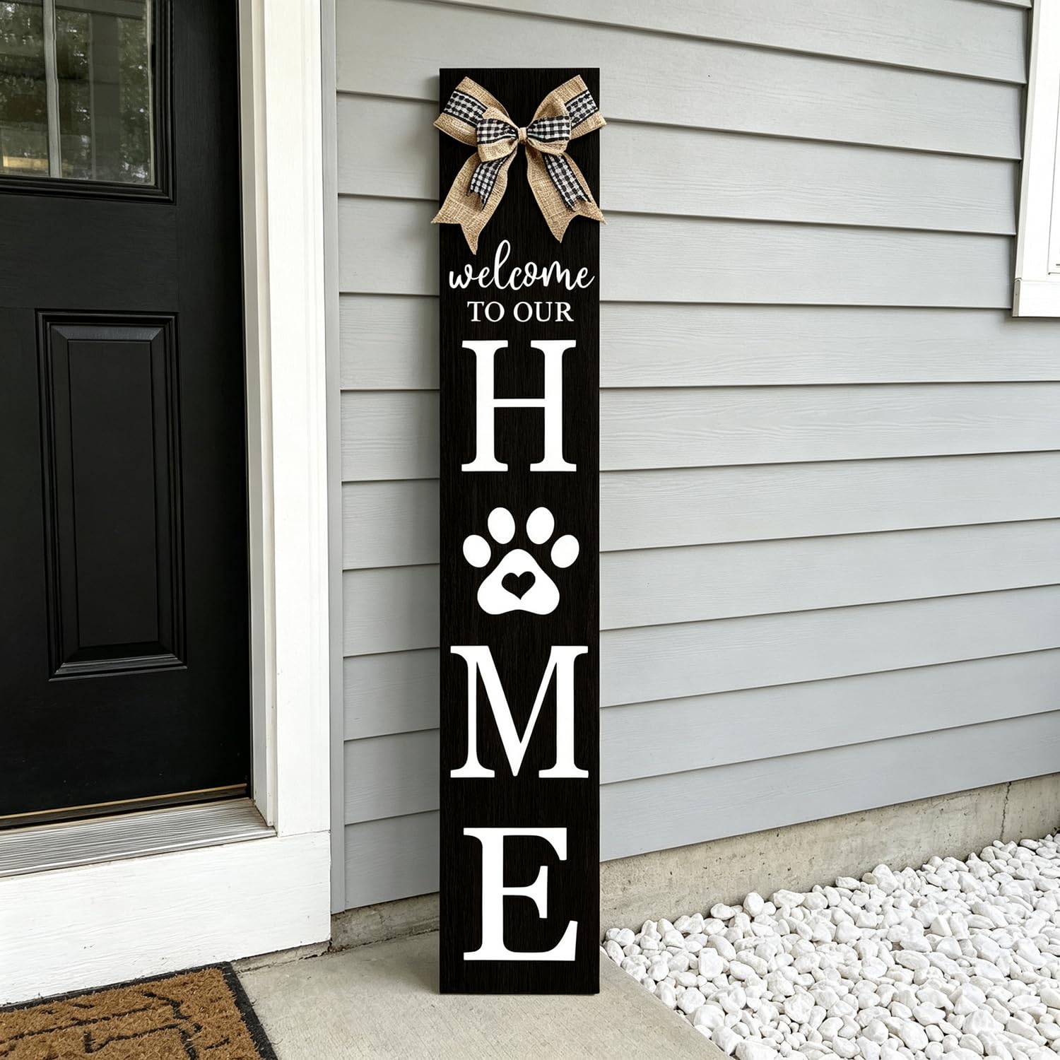 Foutcheou Welcome to Our Home Front Door Sign, 47"X8" Wood Rustic Outdoor Front Porch Standing Paw Print Decor Outside All Season Farmhouse for Vertical Yard Patio Entranc Hanging (Black
