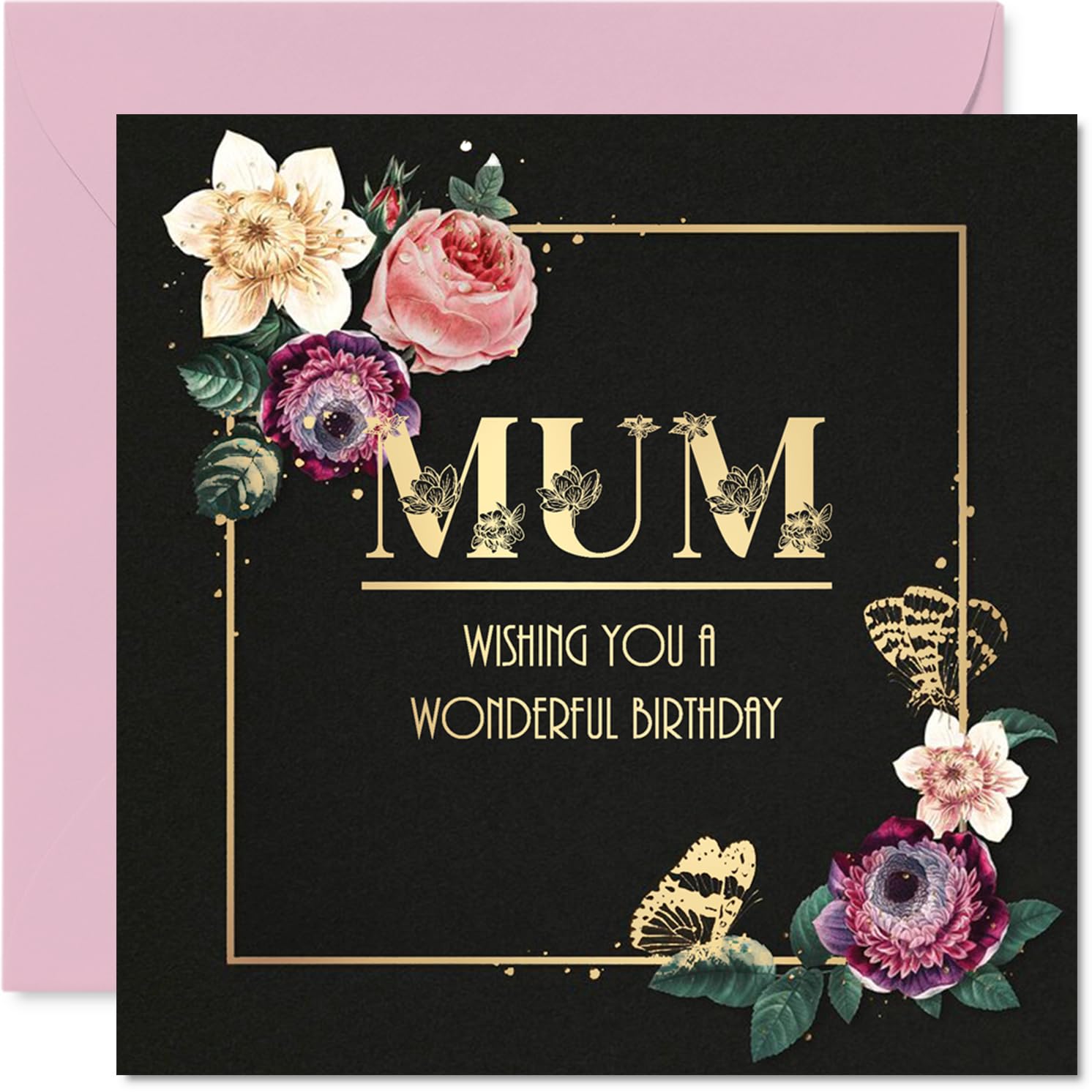 Gold Mum Birthday Card, Floral Butterflies