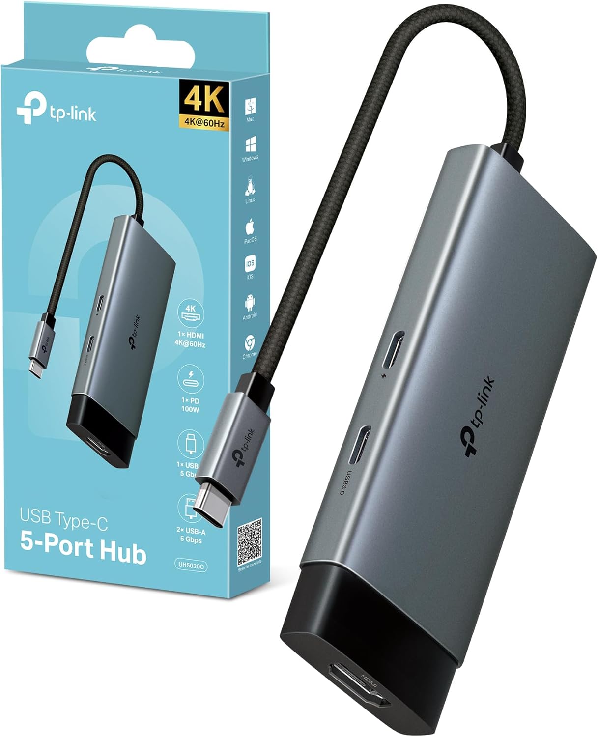 UH5020C Hub USB-C 5 in 1, HDMI 4K@60Hz, USB-C PD Rapida a 100W, Porta USB-C+2 Porte USB-A 3.0 fino a 5 Gbps, Supporta Mac OS, Windows 11/10/8.1/8/7, Linux OS, iPadOS, iOS, Android e Chrome OS - Hub USB