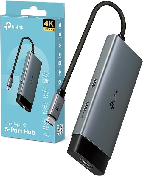 TP-Link UH5020C Hub USB-C 5 in 1, HDMI 4K@60Hz, USB-C PD Rapida a 100W, Porta USB-C+2 Porte USB-A 3.0 fino a 5 Gbps, Supporta Mac OS, Windows 11/10/8.1/8/7, Linux OS, iPadOS, iOS, Android e Chrome OS