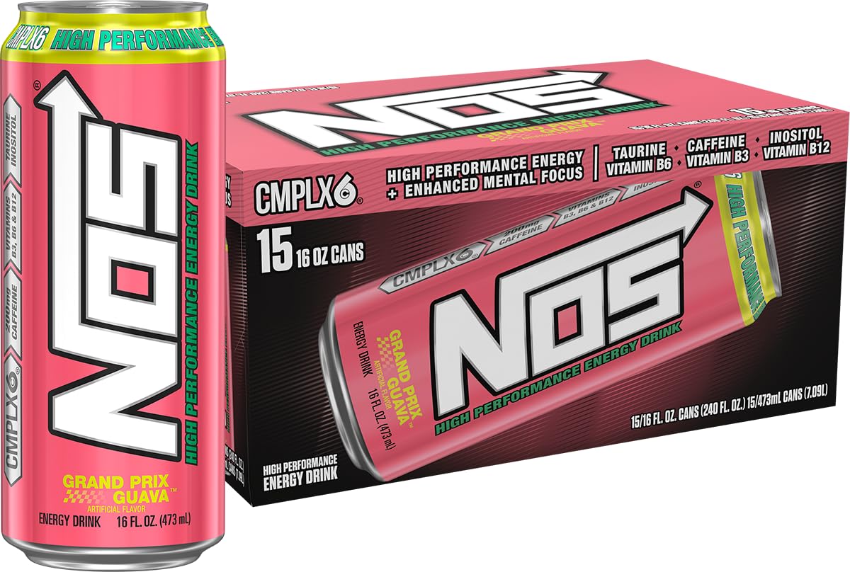 NOS Grand Prix Guava: High Performance Energy Drink. 16 Fl oz (Pack of 15)