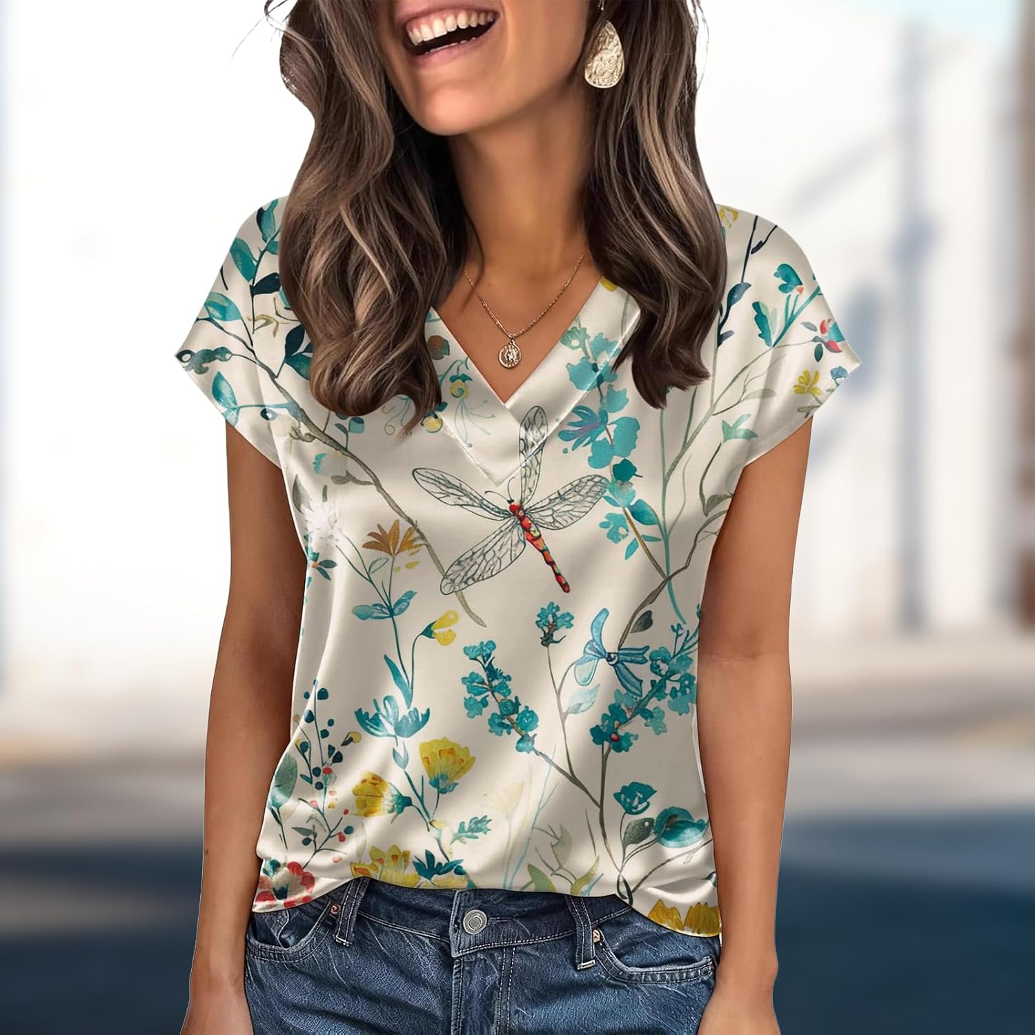 Women Silk Satin Tops Short Sleeve Blouse V Neck Loose Fit Shirts Business Casual Outfits - Image 2