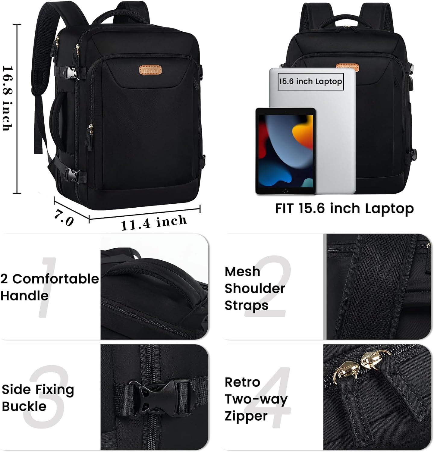 Carry on Backpack, Flight Approved Travel Backpack with USB Charge Port, TSA 15.6 Inch Anti-Theft Laptop Backpack Lightweight Daypack College Weekender Overnight Bag, 16.8*11.4*7inch,Black