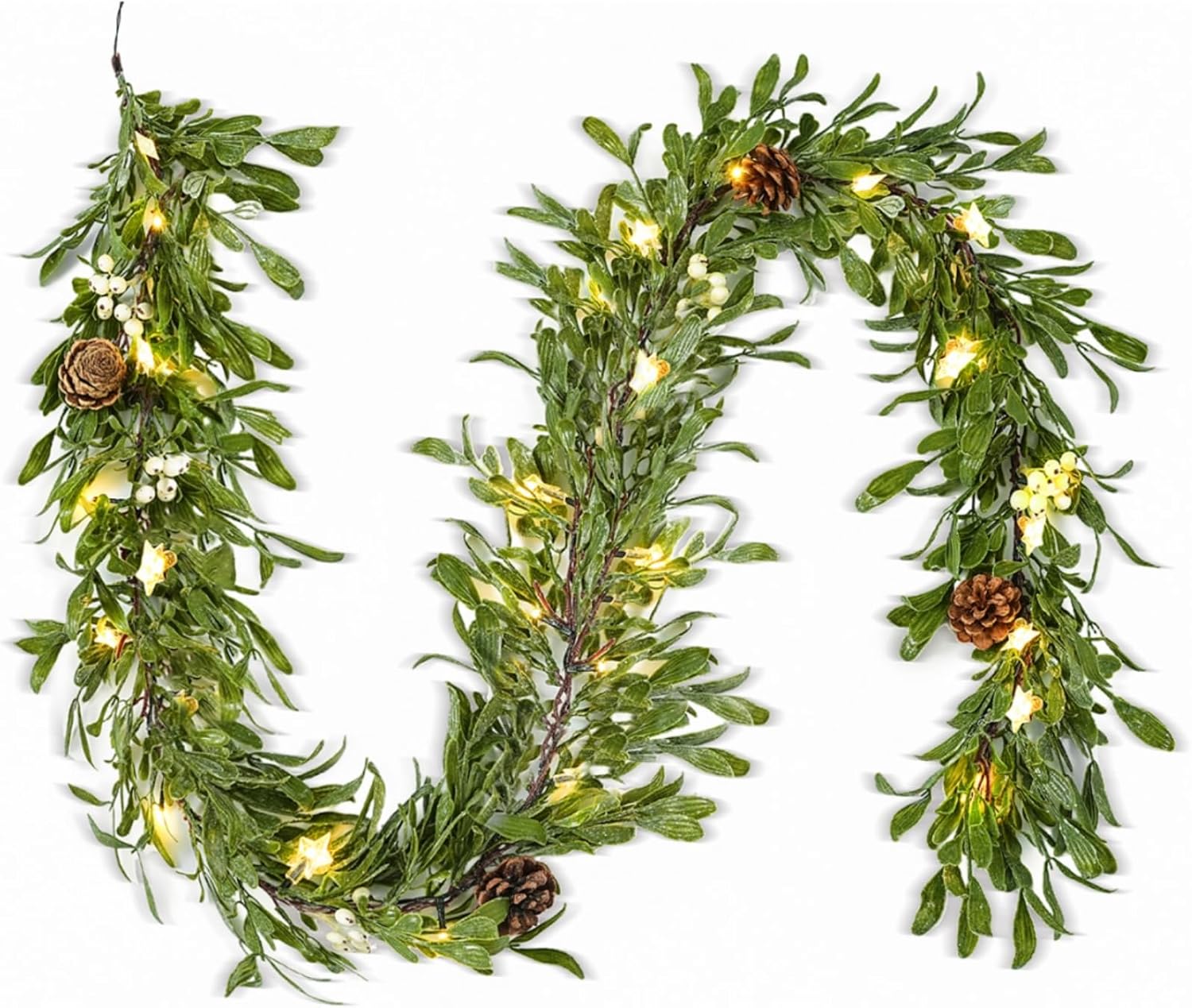 6FT Pre-lit Christmas Garland with 20 LED,Artificial Greenery Pine Garlands with Star Berry,Battery Operated with Timer for Indoor Outdoor Office Winter Holiday Decor