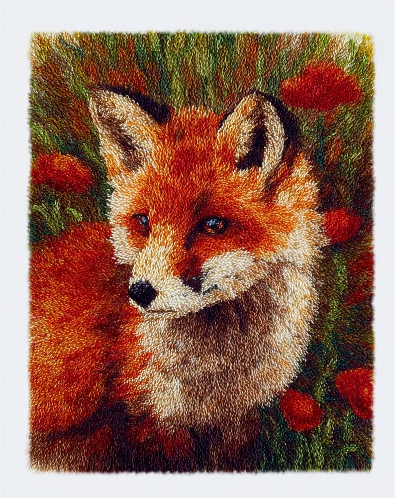Taxpy Latch Hook Rug Kit,Red Flower Fox 15X20In/52X38Cm DIY Latch Hook Rug Making Kit for Adults Kids, Cross Stitch Kit Carpet Making Cushion Needlework for Beginners, Home Decor