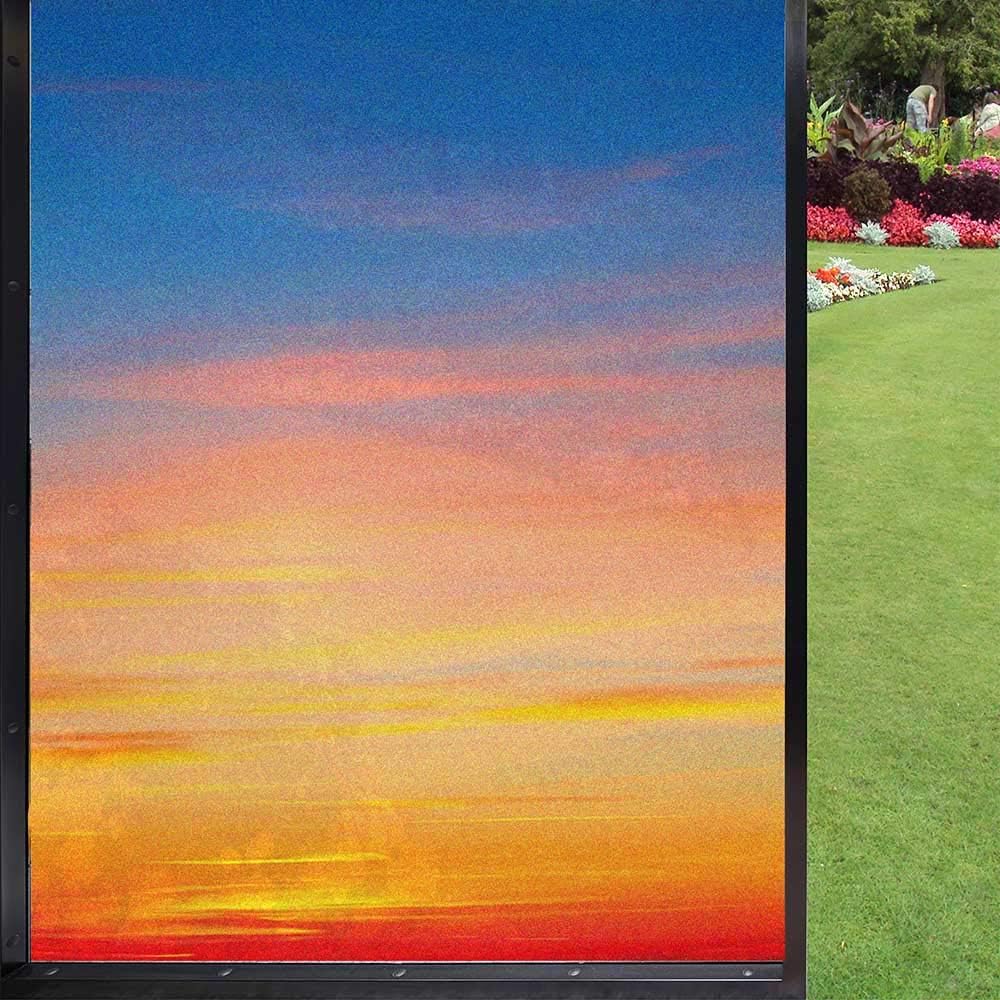 Sky Window Film Static Cling Film,Colorful Sunset Pattern Atmosphere Dramatic Majestic Scenic Skyline Photo Inspirational Privacy Blinds for Home Glass Door Kitchen,Orange Blue 24" x 36"