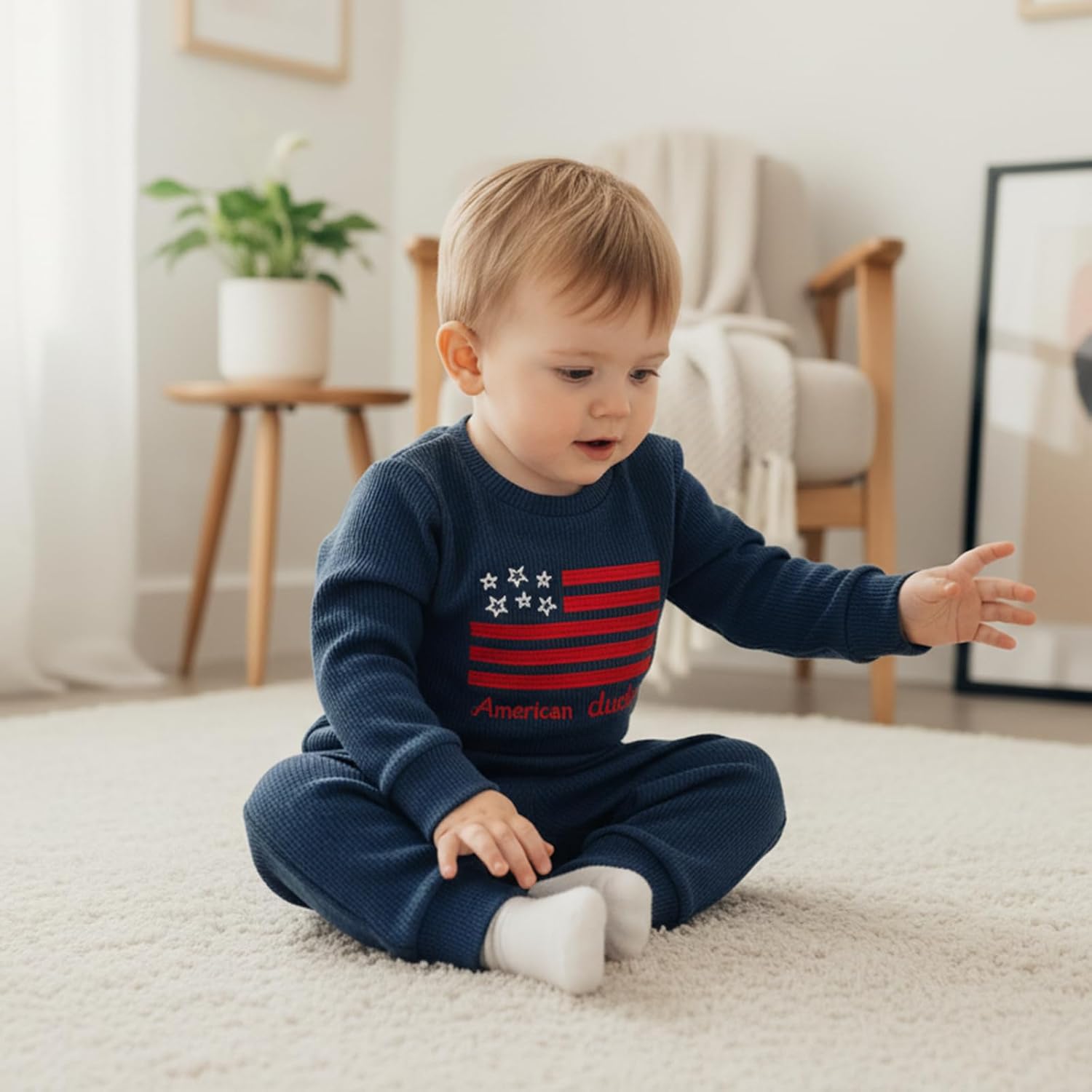 Toddler Boy 4th of July Outfit Infant Baby Patriotic Clothes American Dude Long Sleeve Flag Tops and Waffle Pants Set