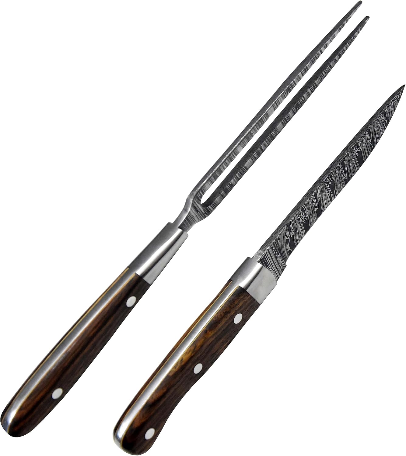 Premium Handcrafted Fork and Steak Knife Set Damascus Steel Carving Set Walnut Handles Elegant Dining Knives Set