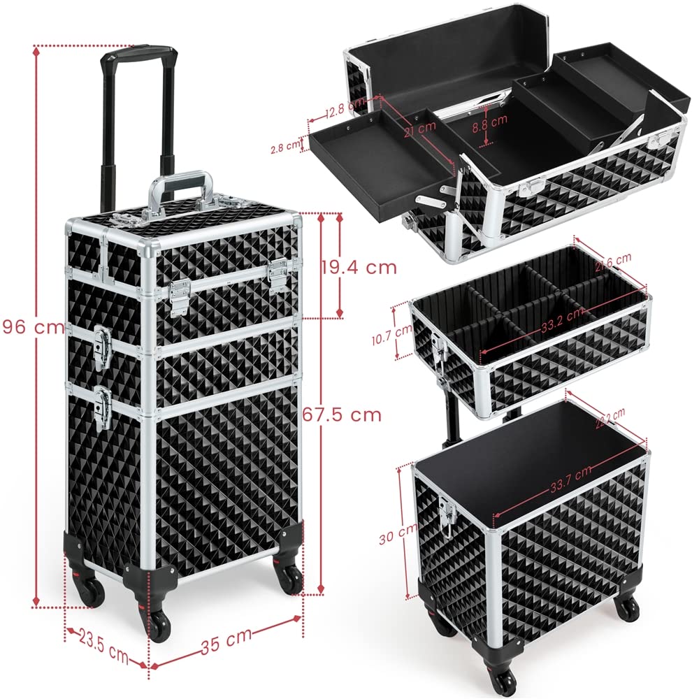 Yaheetech Valise de Maquillage 3 en 1 Coque Gaufrée Brillante avec Mallette Maquillage Verrouillable Tiroir à Casiers Valise Trolley Professionnelle Beauté/Voyage 35 × 23,5 × 67,5 cm Noir