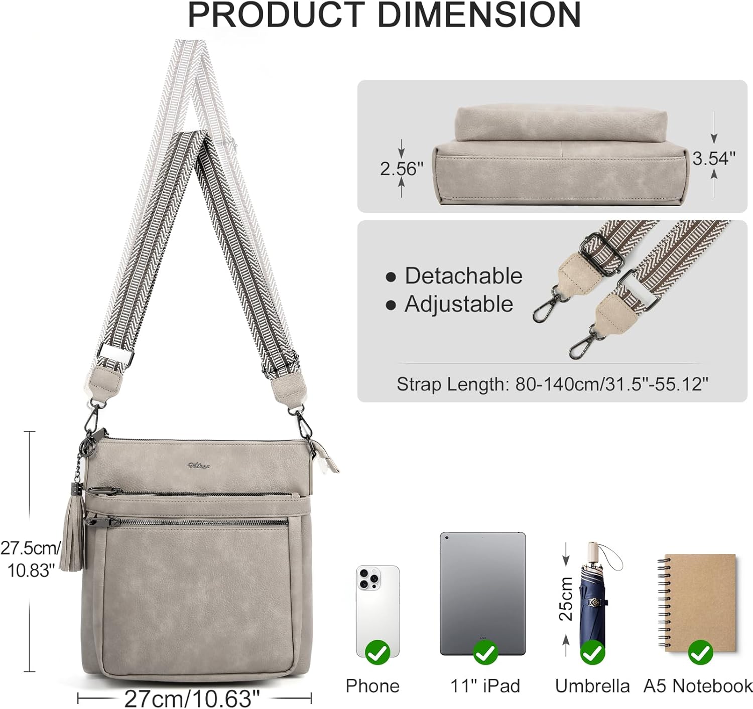 Leather Crossbody Bag for Women Anti Theft Shoulder Handbag Multi Pockets Wide Guitar Strap Tassel Trendy Travel