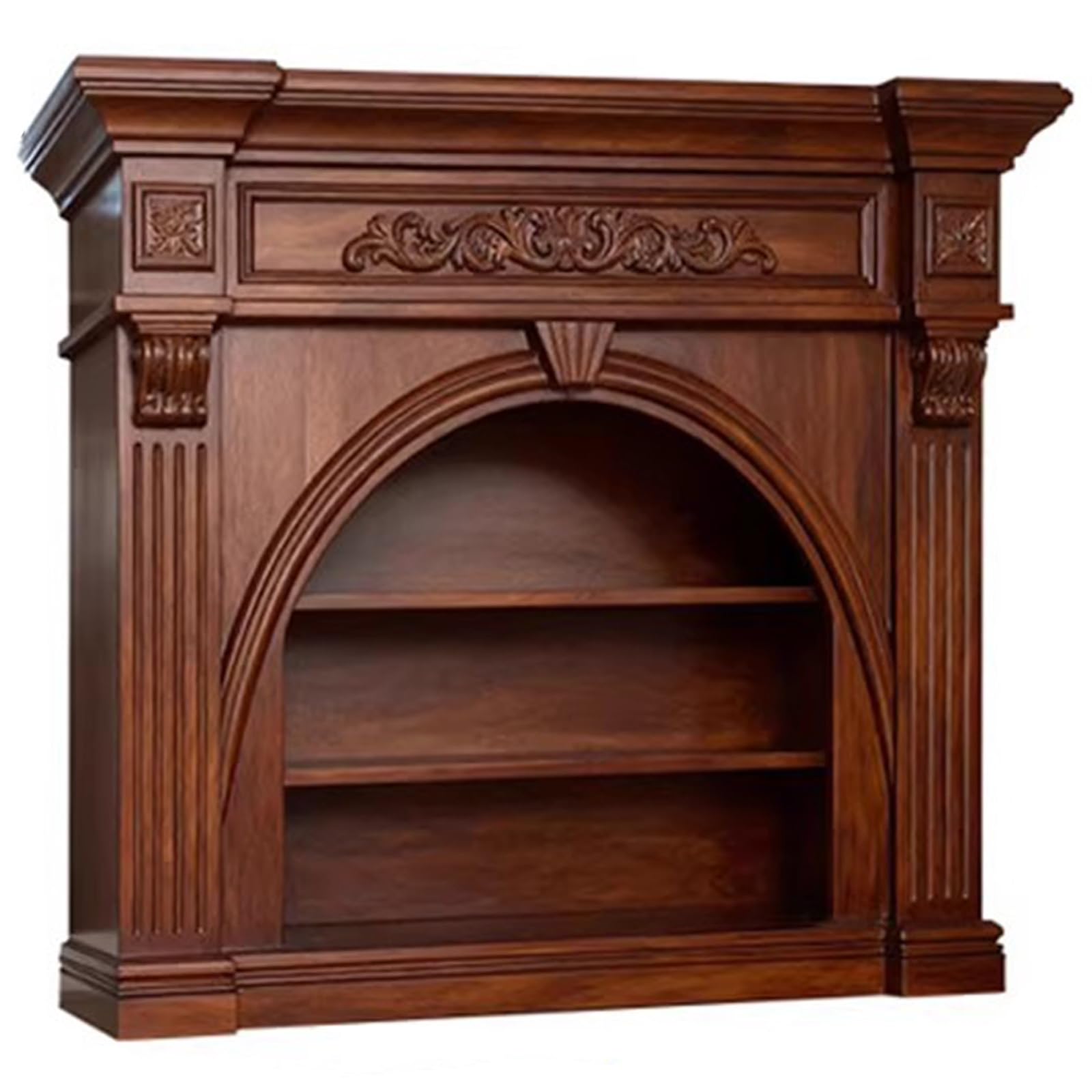 Decorative Solid Red Oak Hand-Carved Fireplace Mantel Shelf with Open Storage Shelves Ornate Fireplace Surround