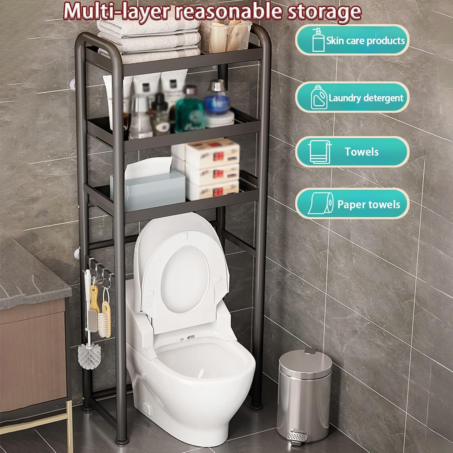 Over The Toilet Storage, Toilet Storage Cabinet, Bathroom Storage Over The Toilet, Toilet Shelf with Hooks and Anti-Tip Device, for Bathroom, Restroom, Laundry(162cm/63.7in)