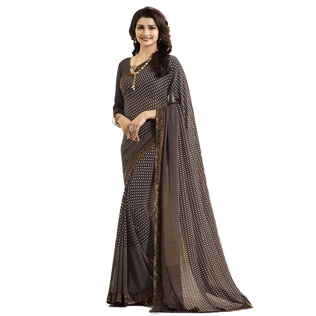 RAJESHWAR FASHION WITH RF Women's Checkered Printed Georgette Fancy Sarees For Festival Jacquard Lace Border Work With Banglori Silk Unstitched Blouse Piece(6.30 Mtr)
