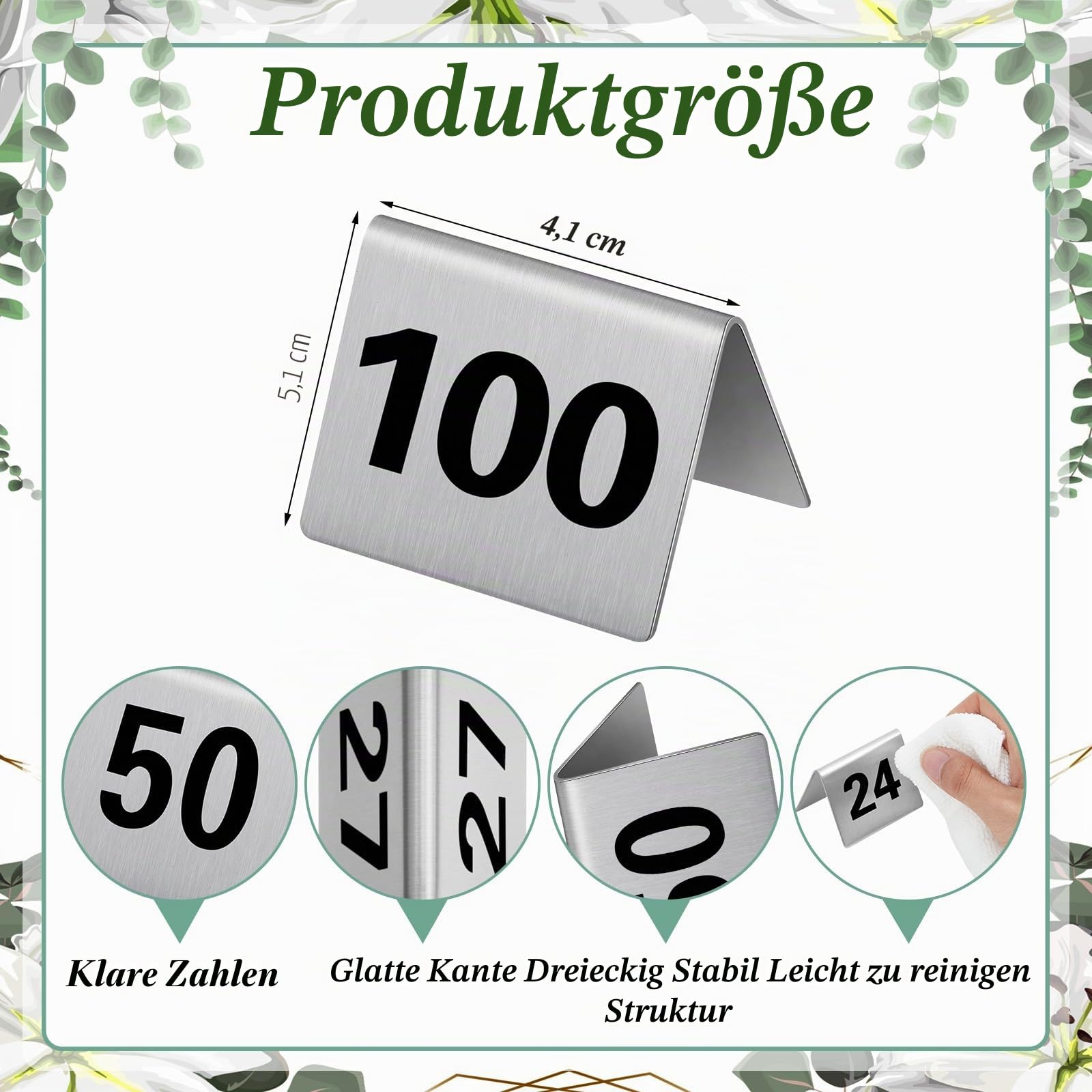 Wenqik 100 Stück Edelstahl-Tischnummern 1-100, 5,1 x 4,1 cm, doppelseitig, Zelt-Stil, Tisch-Display-Karten für Hochzeitsempfang, Restaurant, Party, Café und Veranstaltungen
