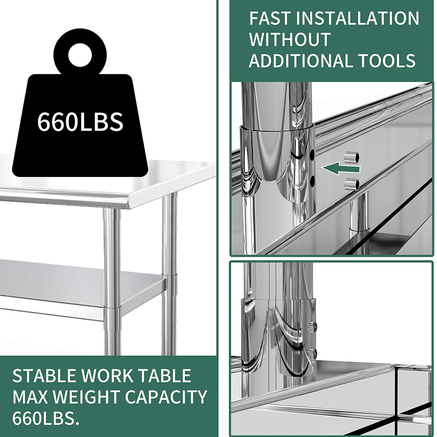Stainless Steel Prep Table 48x24 Inches Commercial Work Table Food Metal Table Heavy Duty Kitchen Garage Tables Worktables and Workstations Sandwich Top with 4 Caster Wheels