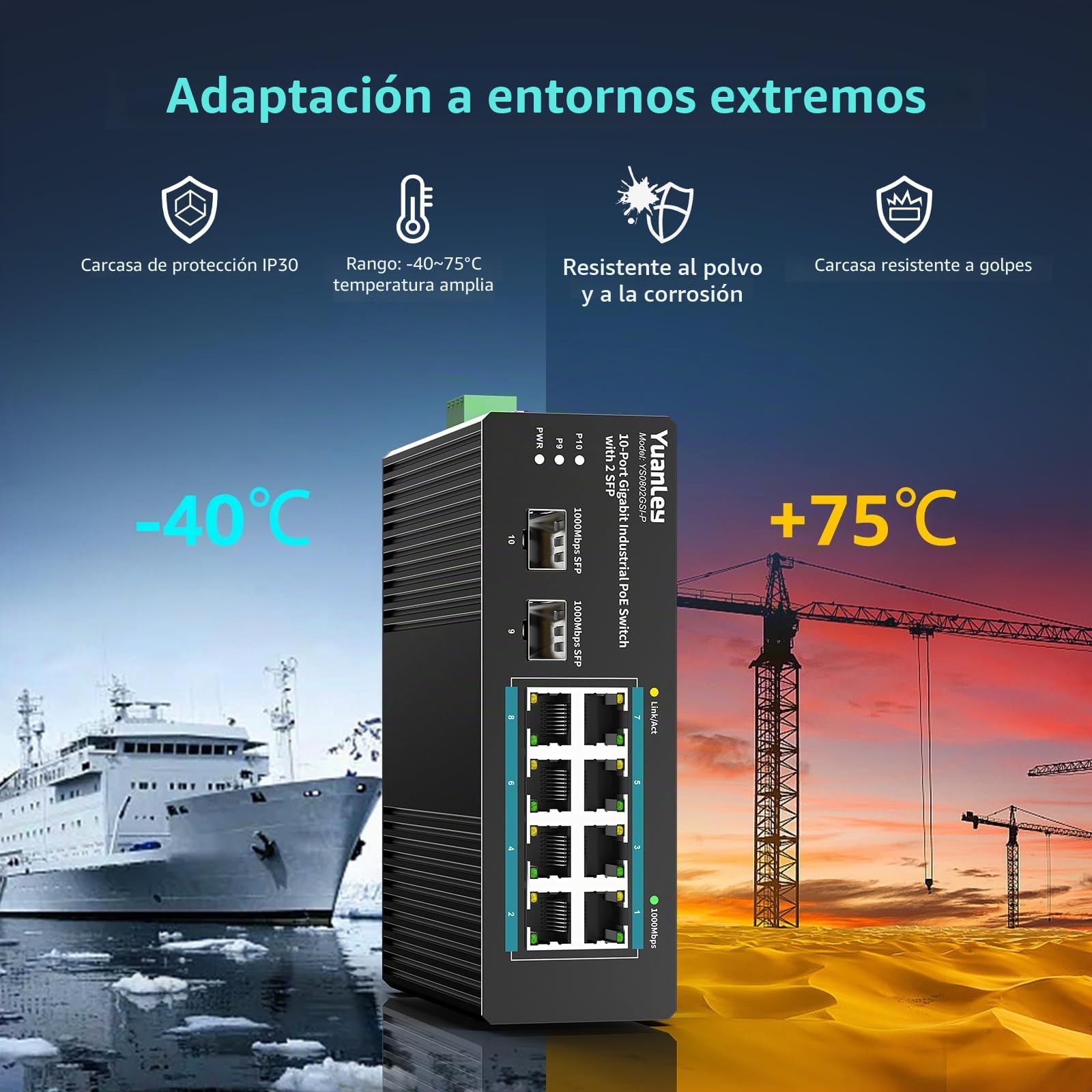 YuanLey Switch Industrial de 10 Puertos con 8 Puertos PoE Gigabit & 2 SFP, Switch PoE No Gestionado con Fuente de 120W, IEEE802.3af/at, VLAN & RSTP, DIN-Rail para Cámaras IP, Ap
