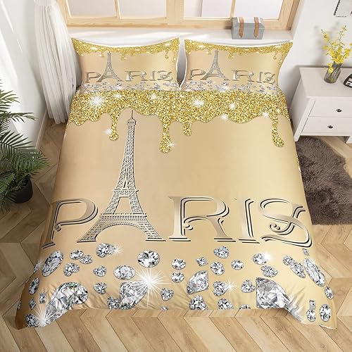 Miniatura 16 de Erosebridal Juego de ropa de cama de París con purpurina, funda de edredón de torre Eiffel para niñas, funda de edredón suave de diamantes