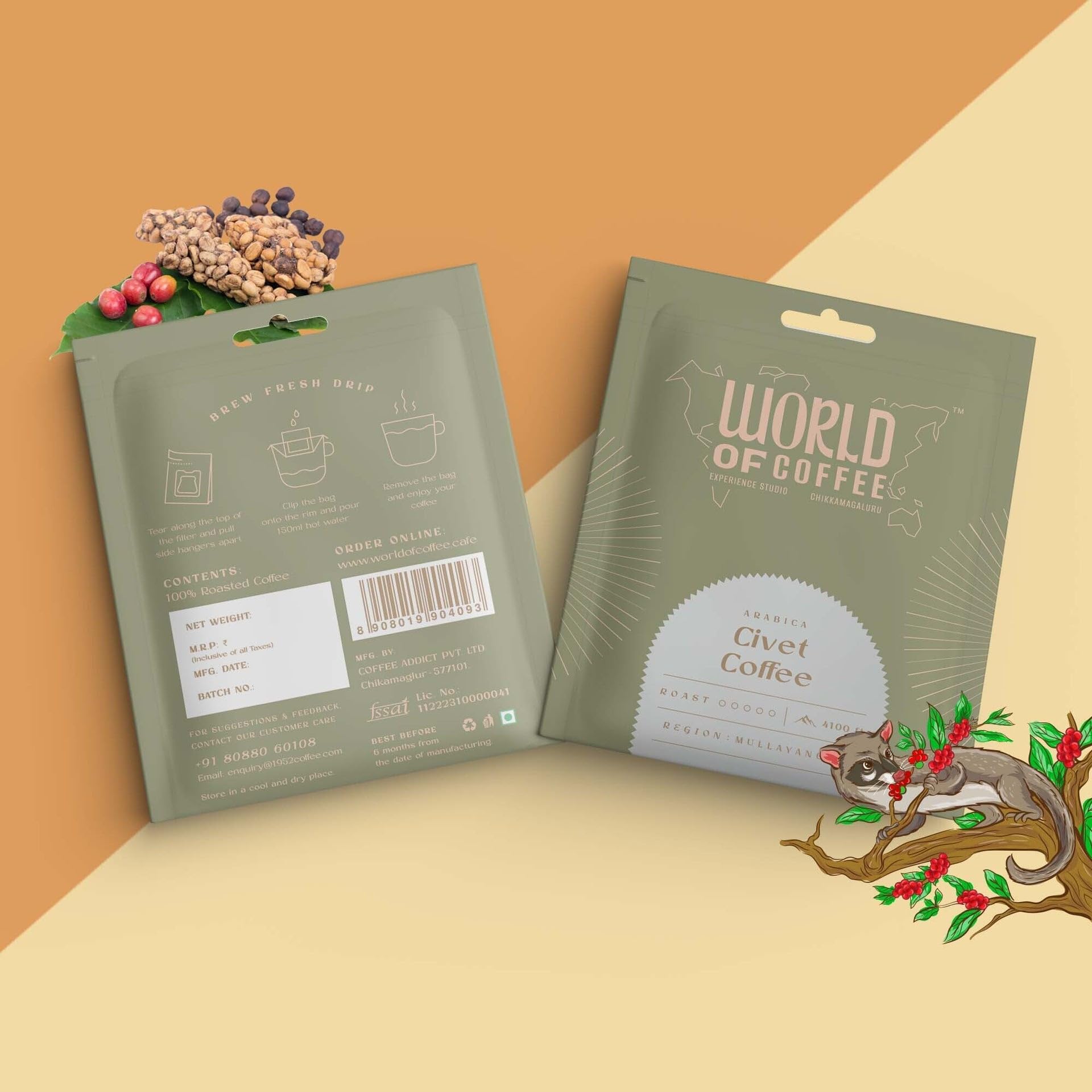 WORLD OF COFFEE Civet coffee Drip Bag, 10gm Pack Each, Set of 6 Bags - Makes 6 Cups, 100% Arabica Specialty Coffee | Ready to Brew in 2min | Just pour hot water (Pack Of 6) (B0CBFW55KV) Amazon Price History, Amazon Price Tracker