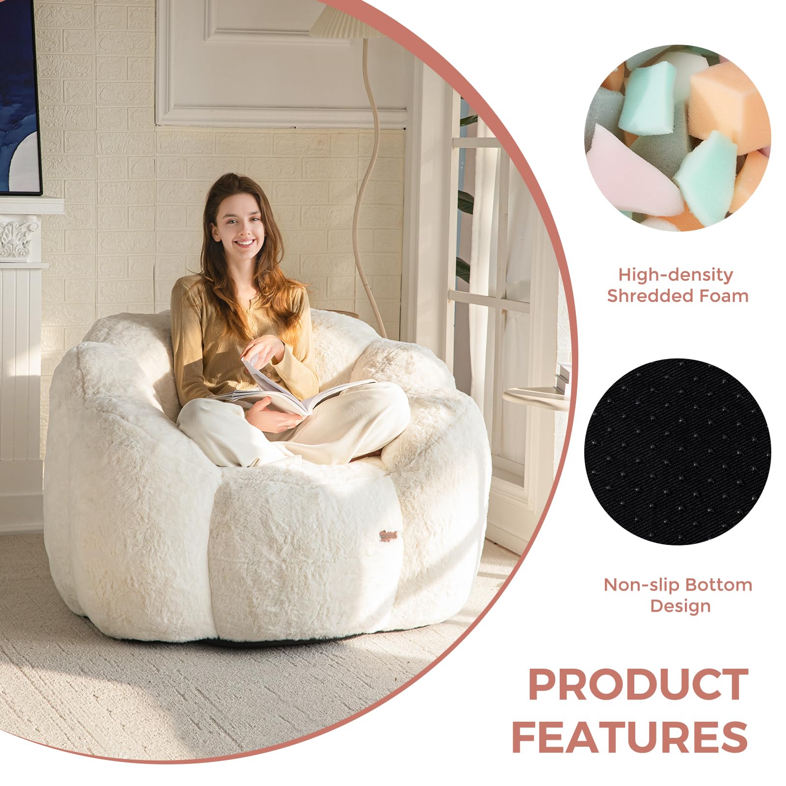 MAXYOYO Pouf Salon & Chambre, Floral Forme Bean Bag 2 Places avec Remplissage à Mémoire de Forme, Fausse Fourrure Douce, Taille Géante Fauteuil Pouf Poire | Pouf poire en forme de fleur avec rembourrage en fausse fourrure douce pour salon, chambre à couch