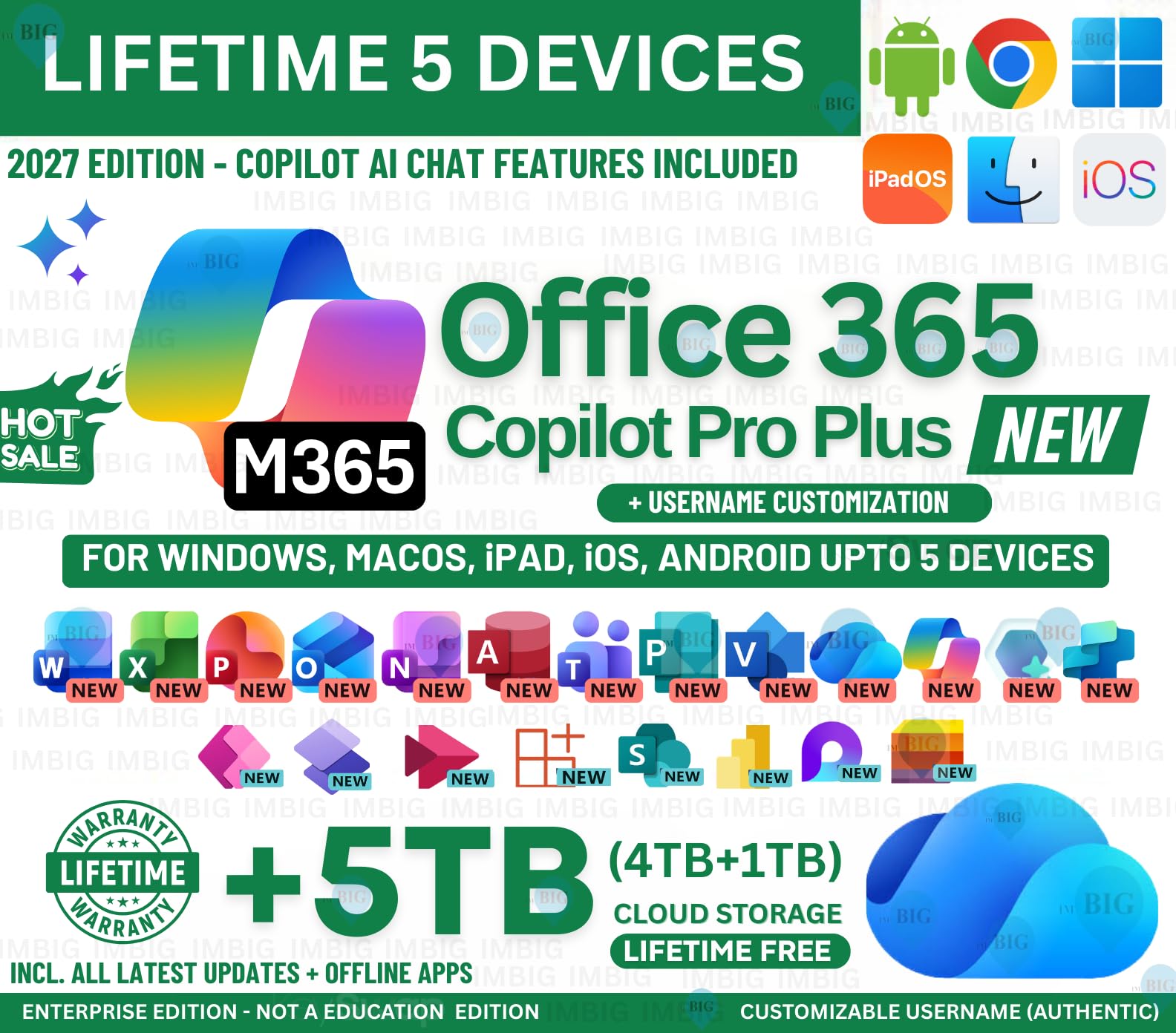 MS 365 Enterprise Edition with Copilot Ai | New 2026 Launch | (5 Devices, Lifetime Validity) for Windows, iOS, macOS, iPADOS, Android | 5TB Cloud Storage for lifetime | Regular Updates with Unlimited Reinstallations