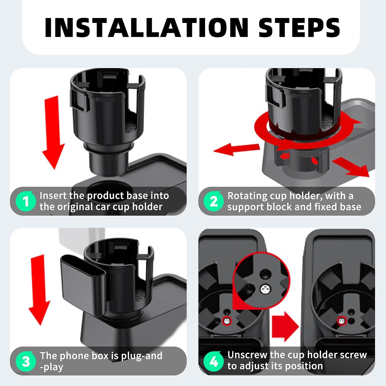 2-in-1 Car Cup Holder Expander with Phone Holder, 2.6“-3.93” Vehicle Cupholder Extender Adapter with Adjustable Base, Universal Multifunctional Auto Insert Drink Holder Expander