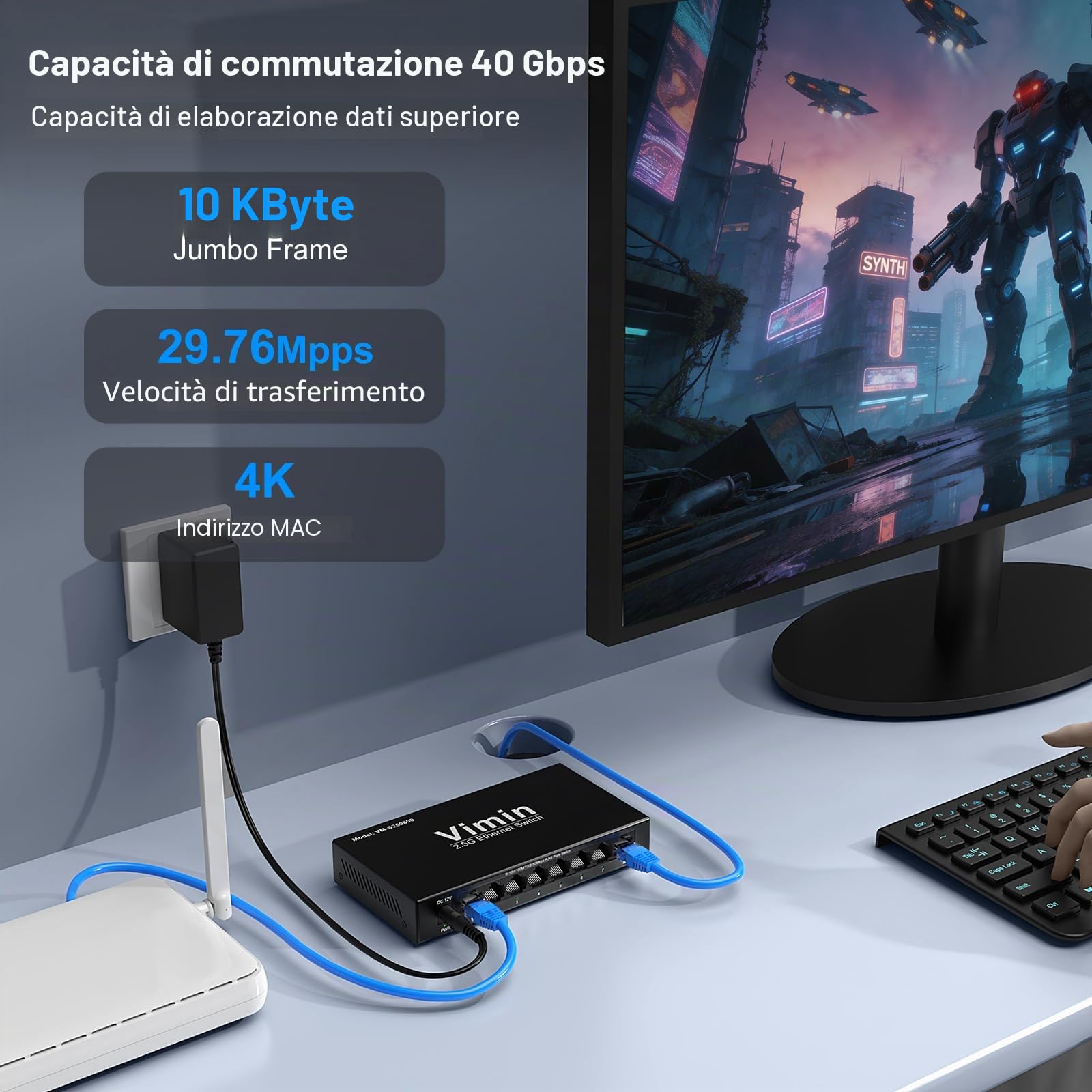 Switch non gestito 2,5G con 8 porte, VIMIN 8x2,5 Gigabit RJ45, Plug&Play, Switch Ethernet 2,5G, in metallo, per montaggio su tavolo o a parete, per reti domestiche e aziendali