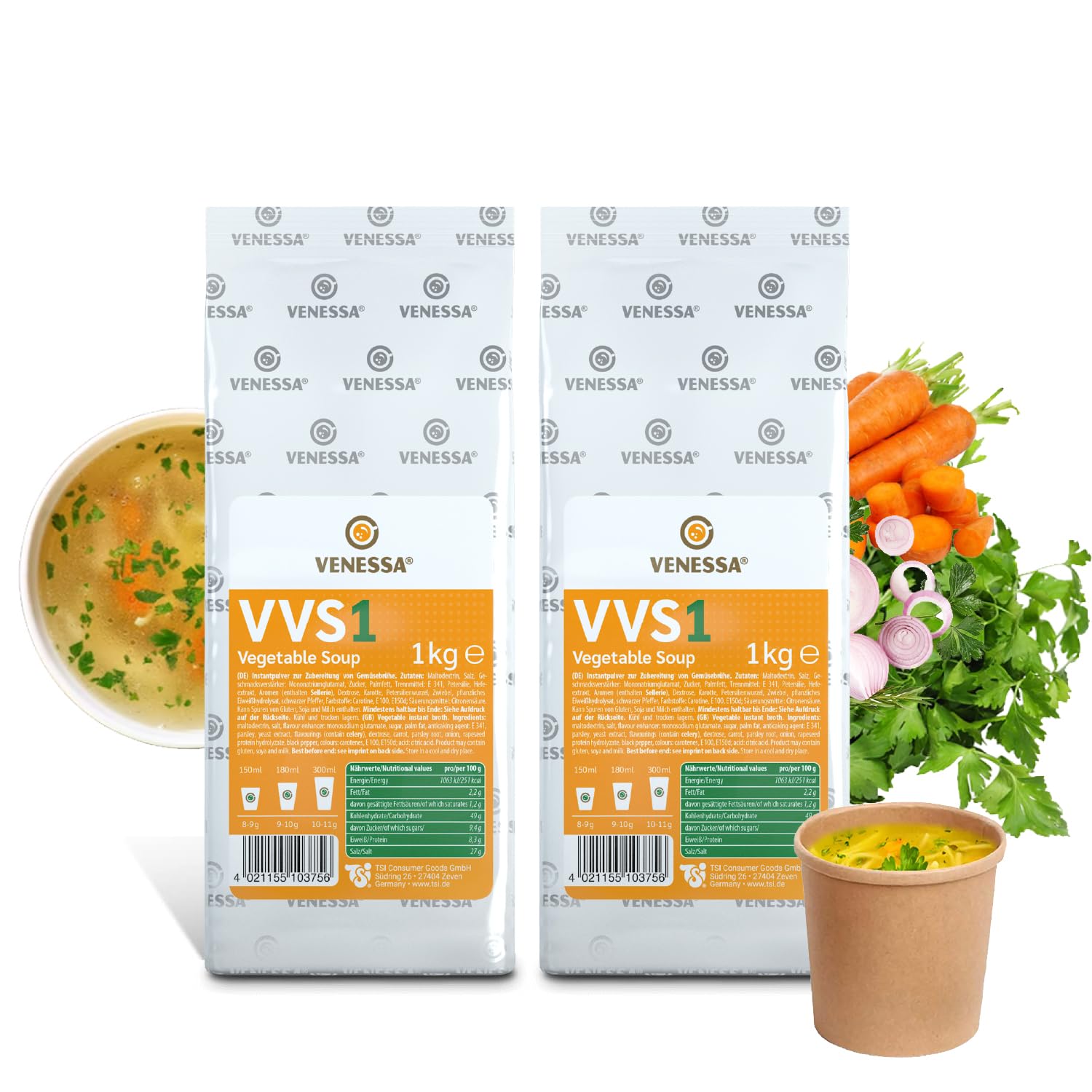 VENESSA VVS1 - Brodo vegetale fine, 2 x 1 kg, in polvere per zuppa, vegetabile, zuppa per macchina vegetariana, zuppa di verdure senza grumi, preparazione rapida, adatta per macchine automatiche