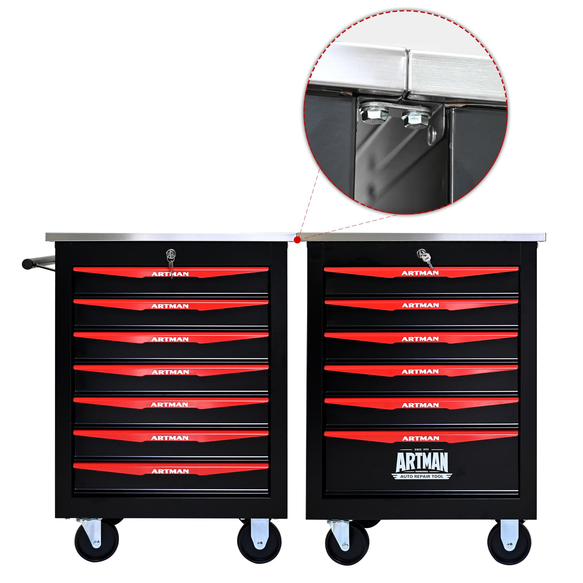 Generisch Carrello portautensili a 7 cassetti con 4 volanti e chiavi di sicurezza – Cassetti con cuscinetti a sfera, verniciatura a polvere per garage e officina, nero e rosso